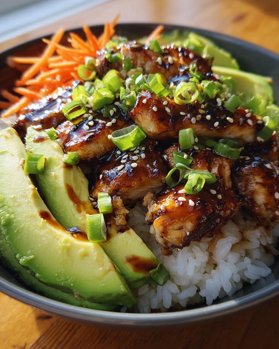 A close-up of a Teriyaki Chicken Avocado Rice Bowl, showcasing the glazed chicken, avocado slices, and toppings.