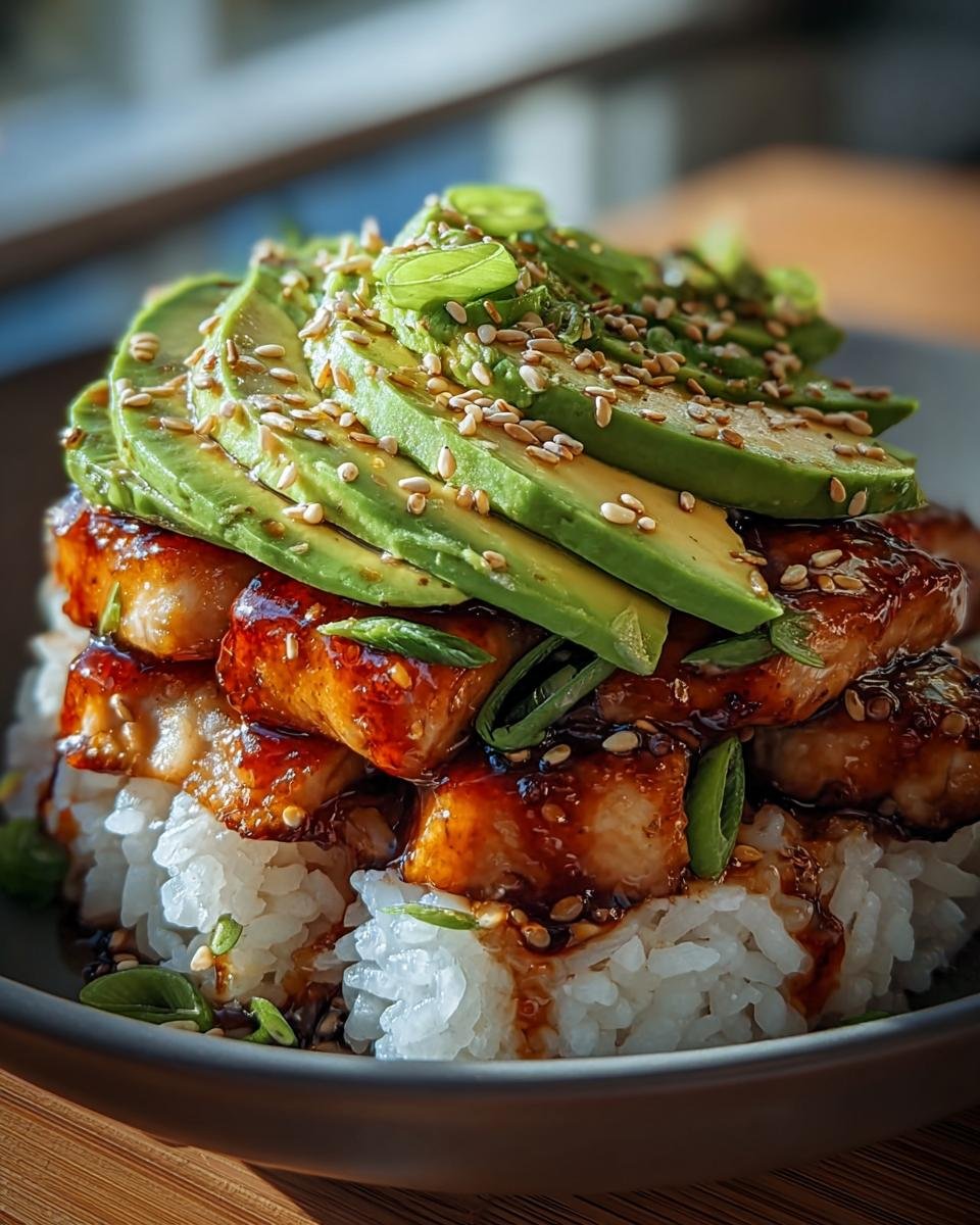 A delicious Teriyaki Chicken Avocado Rice bowl, featuring glazed chicken, sliced avocado, and sesame seeds over rice.