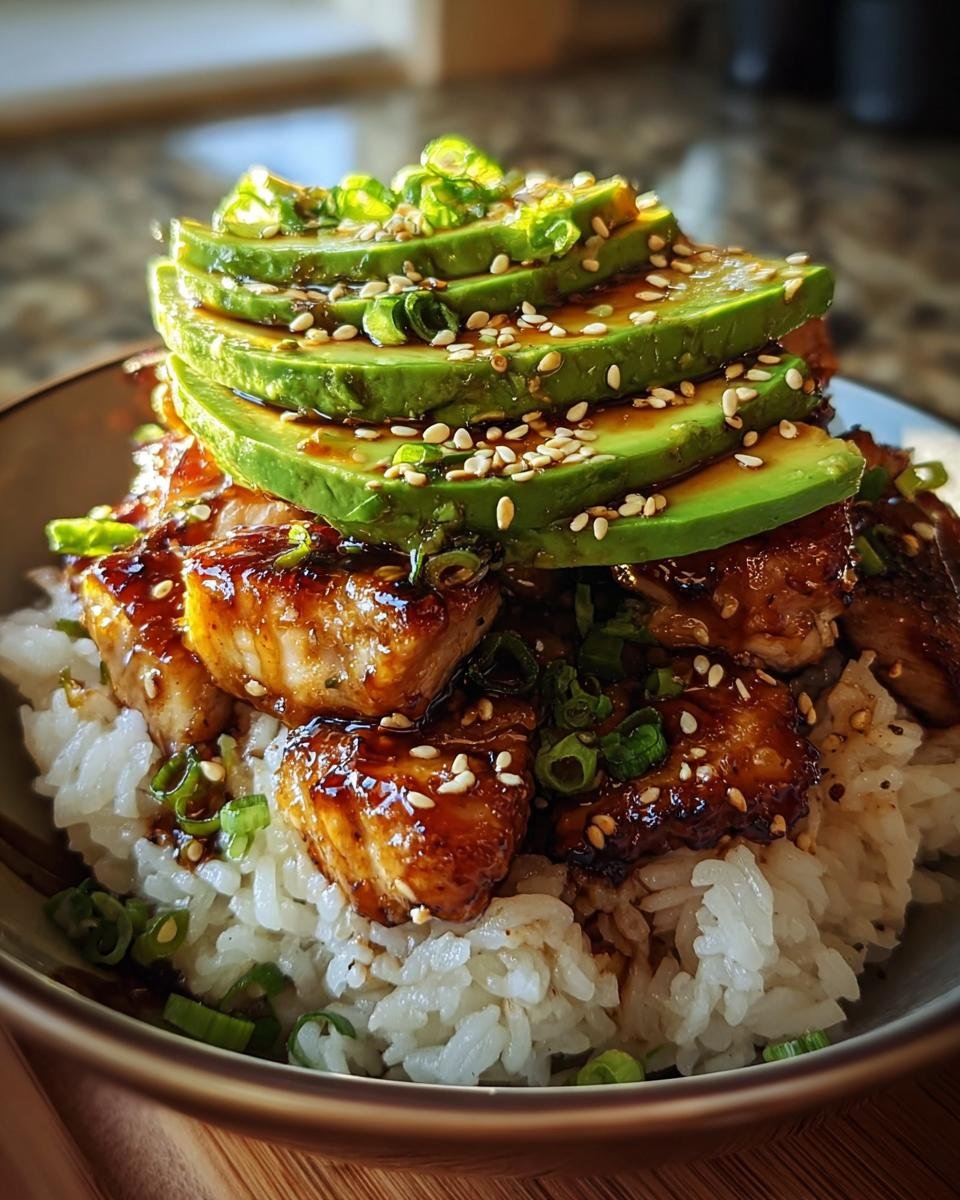 A delicious bowl of Teriyaki Chicken Avocado Rice, topped with sesame seeds and green onions.