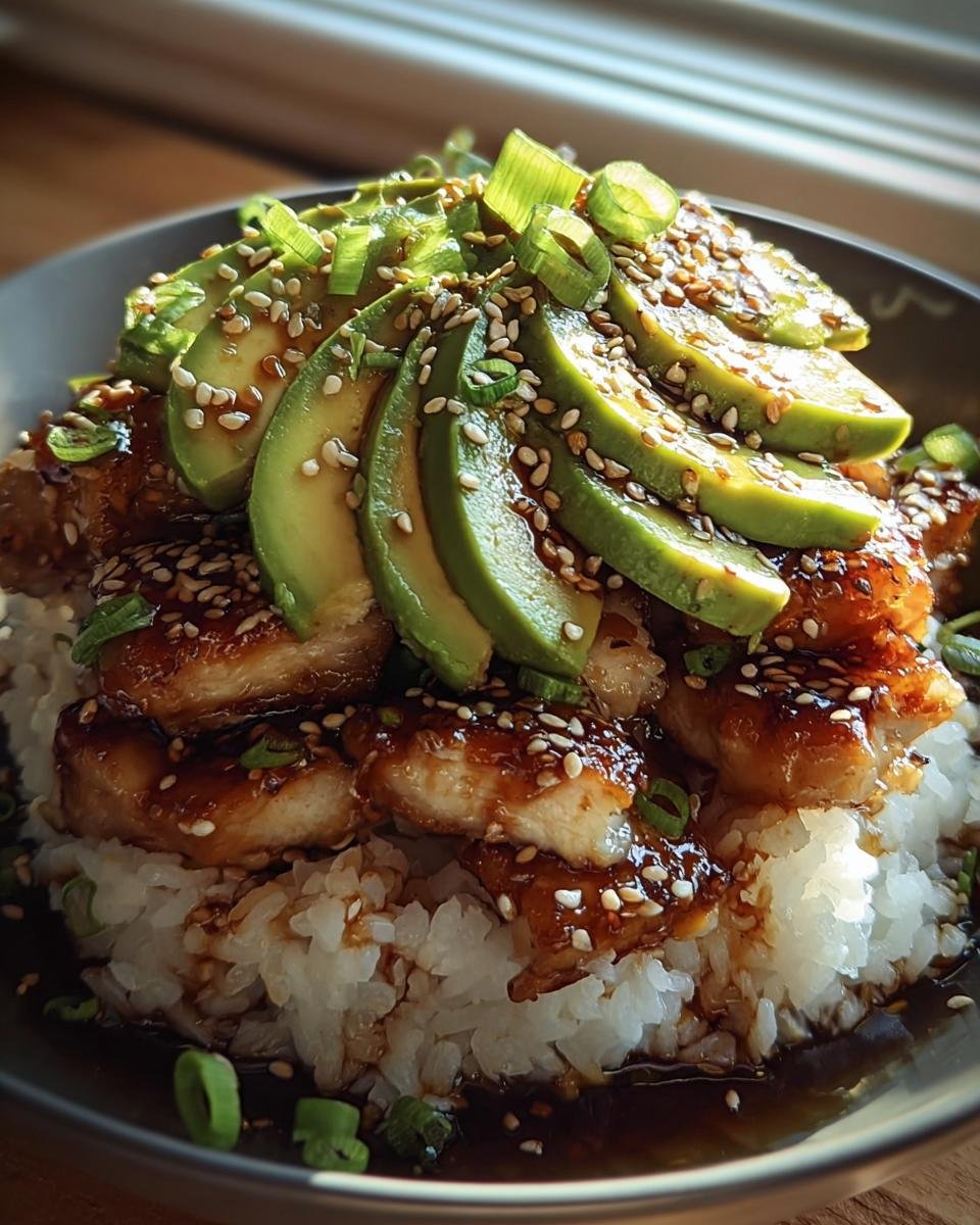A delicious bowl of Teriyaki Chicken Avocado Rice, topped with sesame seeds and green onions.