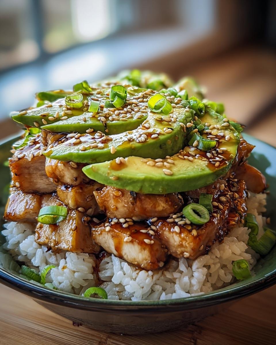 A delicious bowl of Teriyaki Chicken Avocado Rice, topped with sesame seeds and green onions.