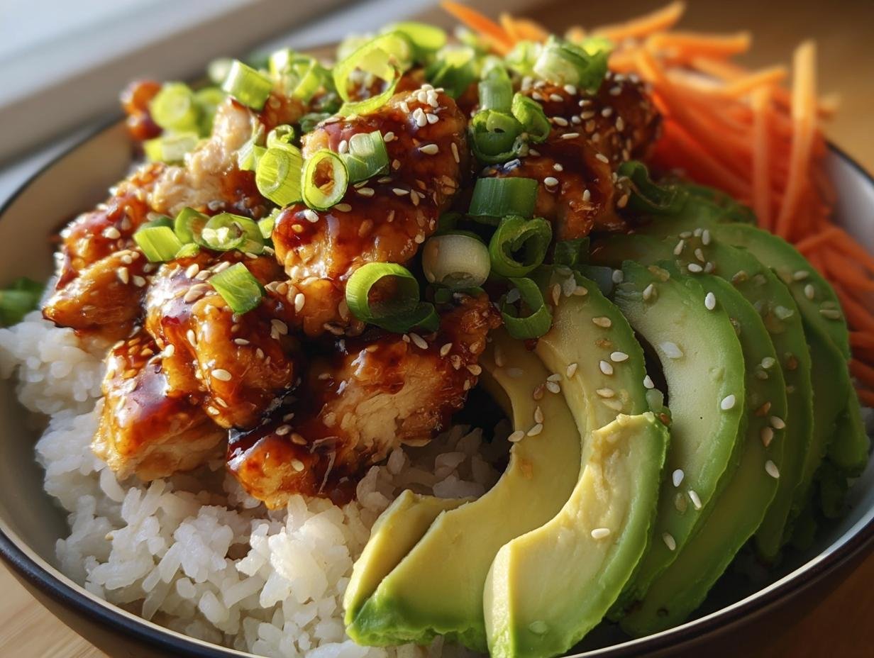 A delicious Teriyaki Chicken Avocado Rice Bowl with sesame seeds and green onions.