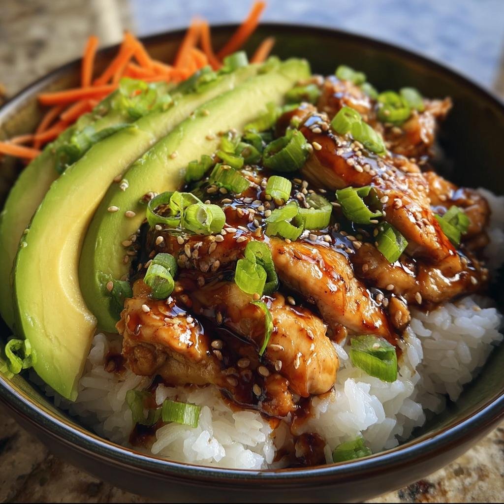 A delicious Teriyaki Chicken Avocado Rice Bowl with sliced avocado, carrots, and green onions.