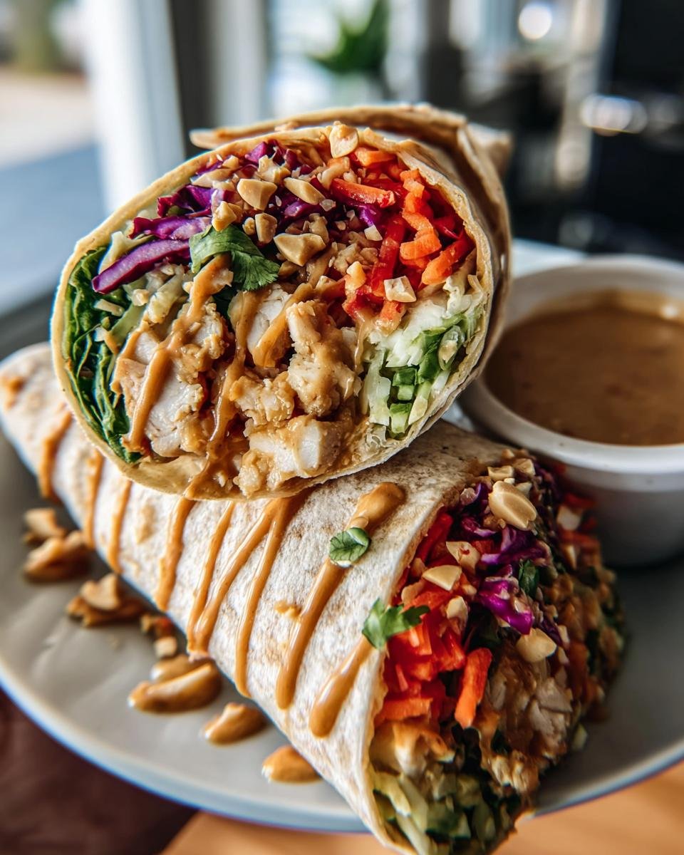 Two Thai Peanut Chicken Wraps stacked, showcasing the chicken, vegetables, and peanut sauce.