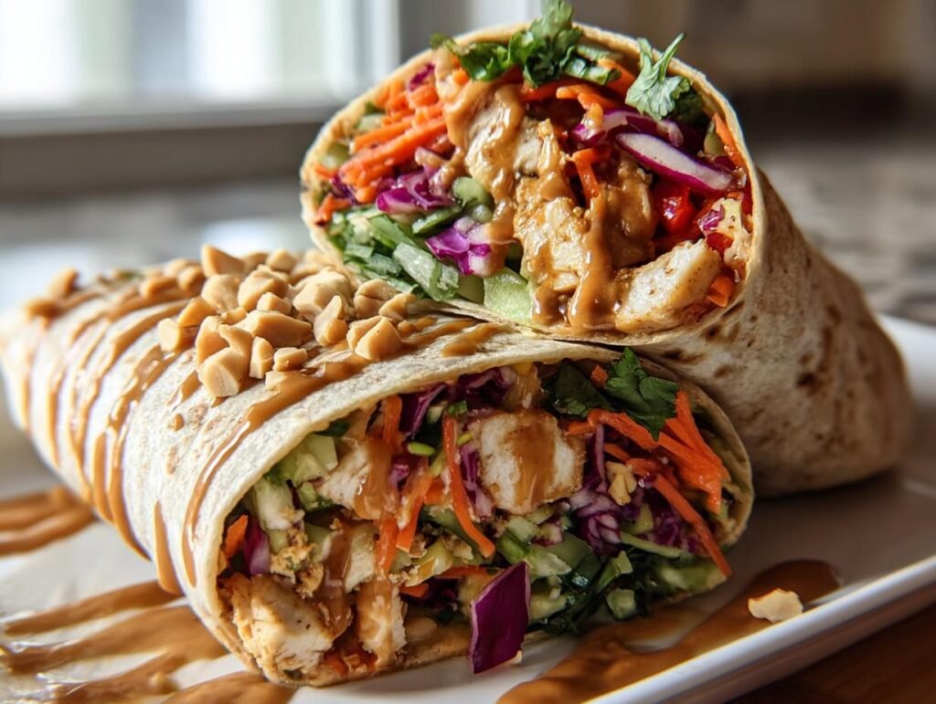 Two Thai Peanut Chicken Wraps cut in half, showcasing chicken, vegetables, and peanut sauce.
