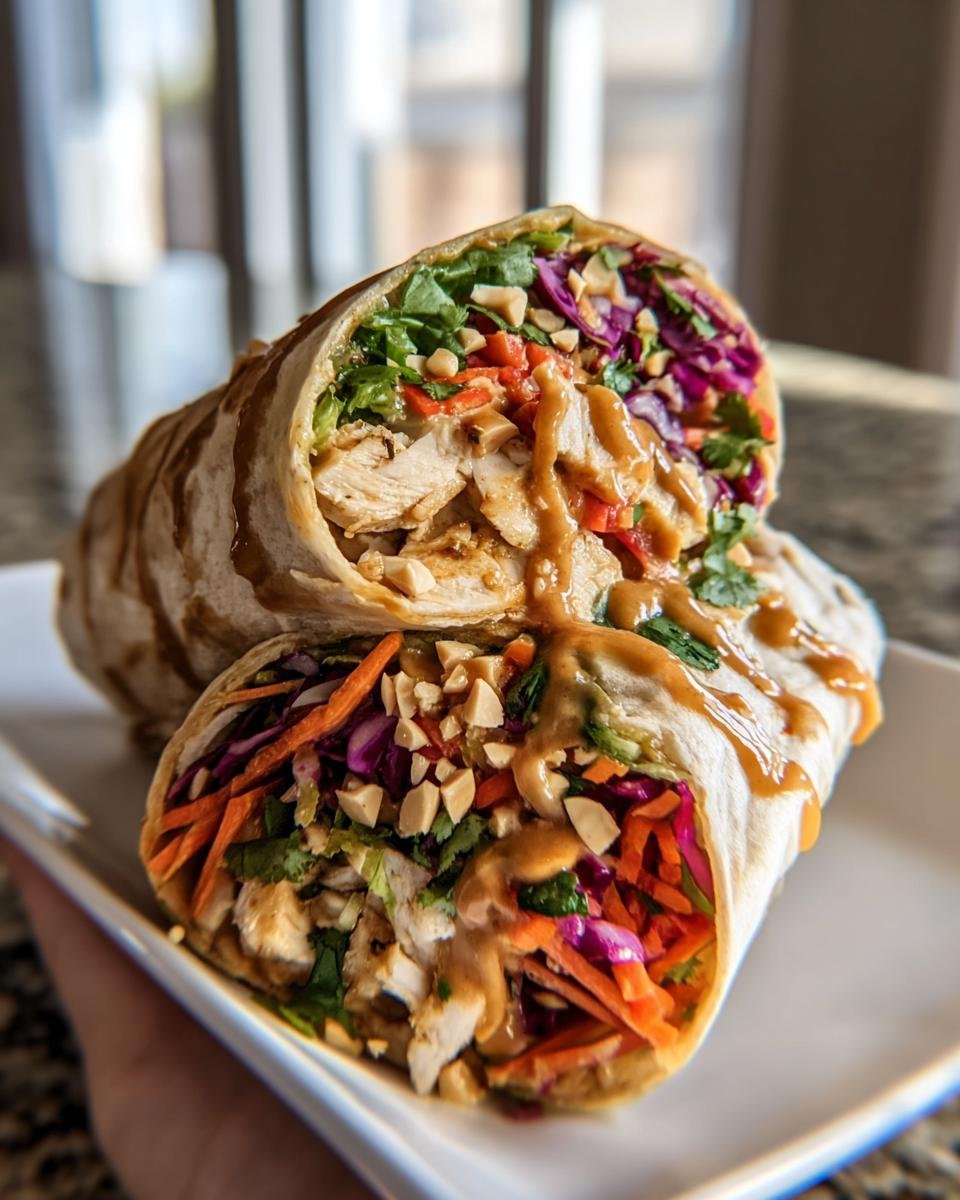 Two Thai Peanut Chicken Wraps stacked, cut in half to show the chicken, vegetables, and peanut sauce filling.