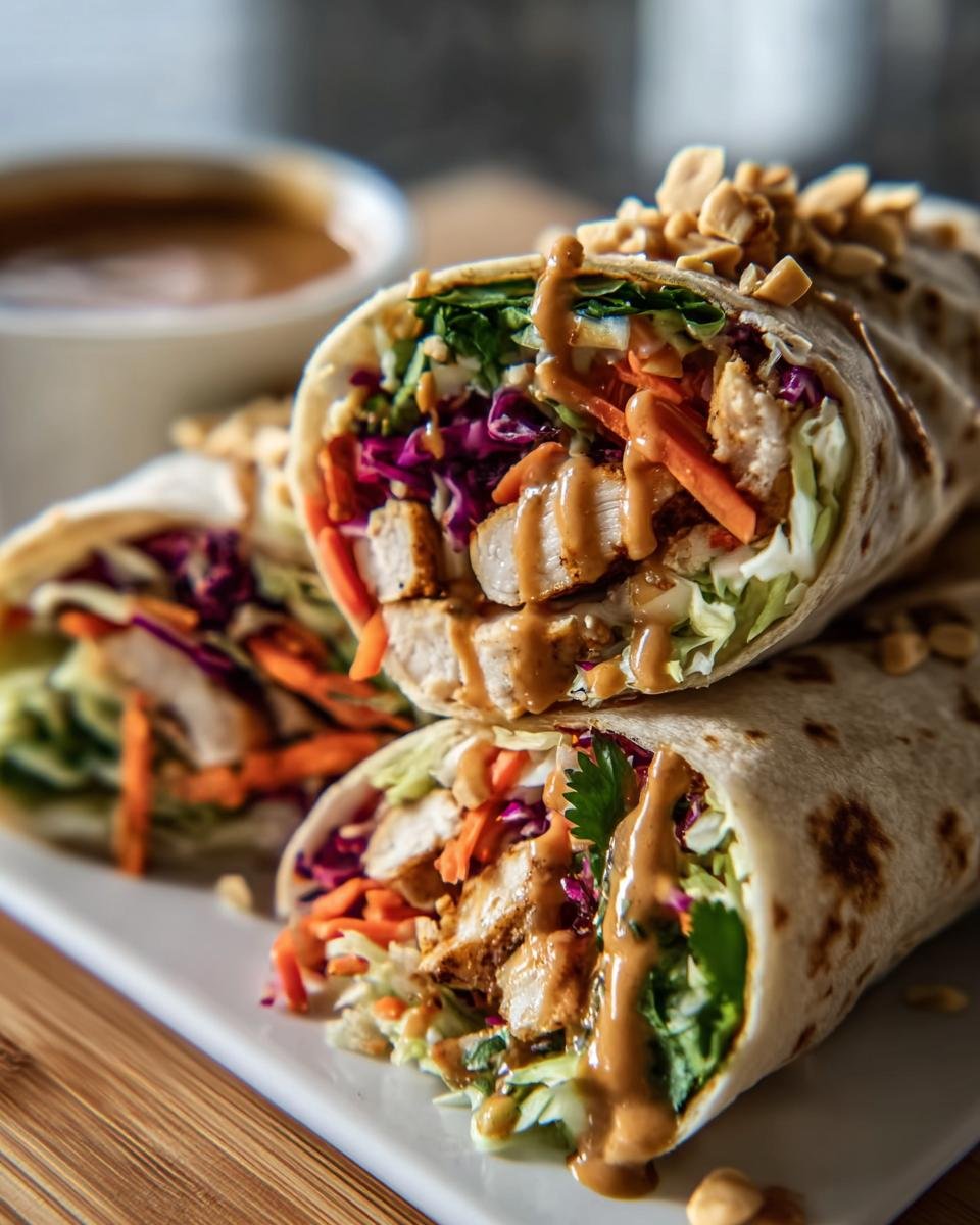 Stack of Thai Peanut Chicken Wraps filled with chicken, veggies, and peanut sauce.