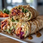 Two Thai Peanut Chicken Wraps stacked, cut open to show chicken, veggies, and peanut sauce.