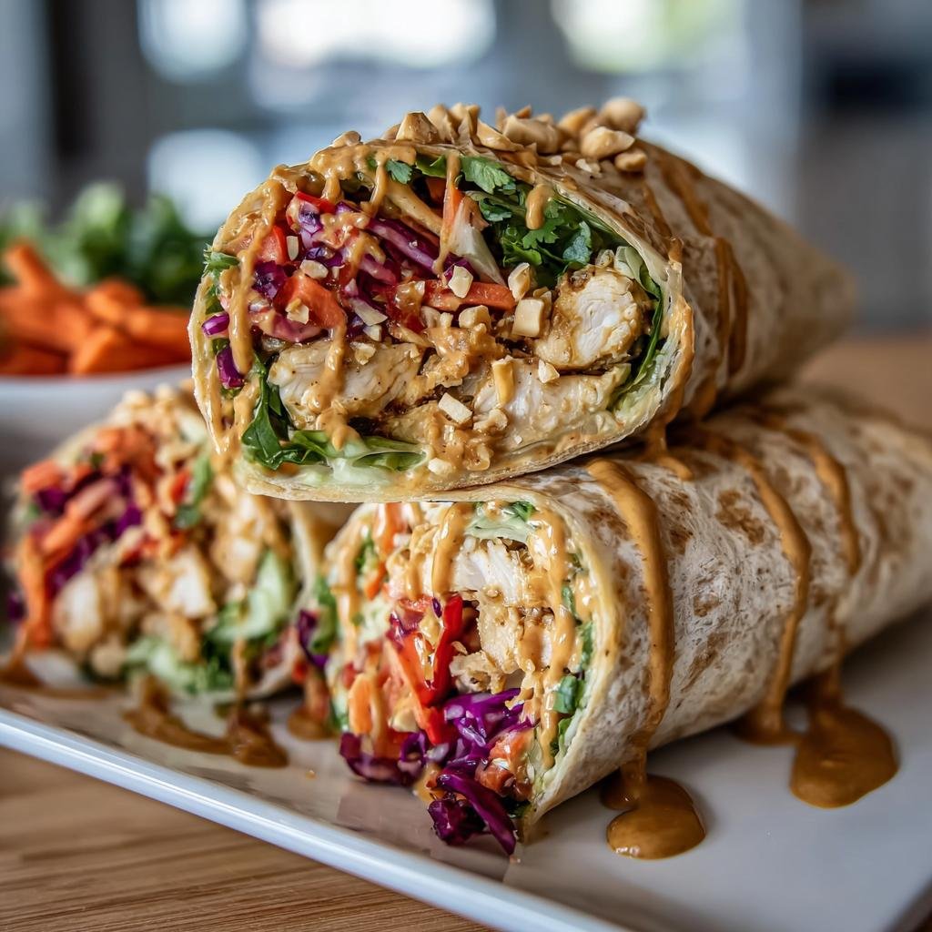 Two Thai Peanut Chicken Wraps stacked, cut open to show chicken, veggies, and peanut sauce.