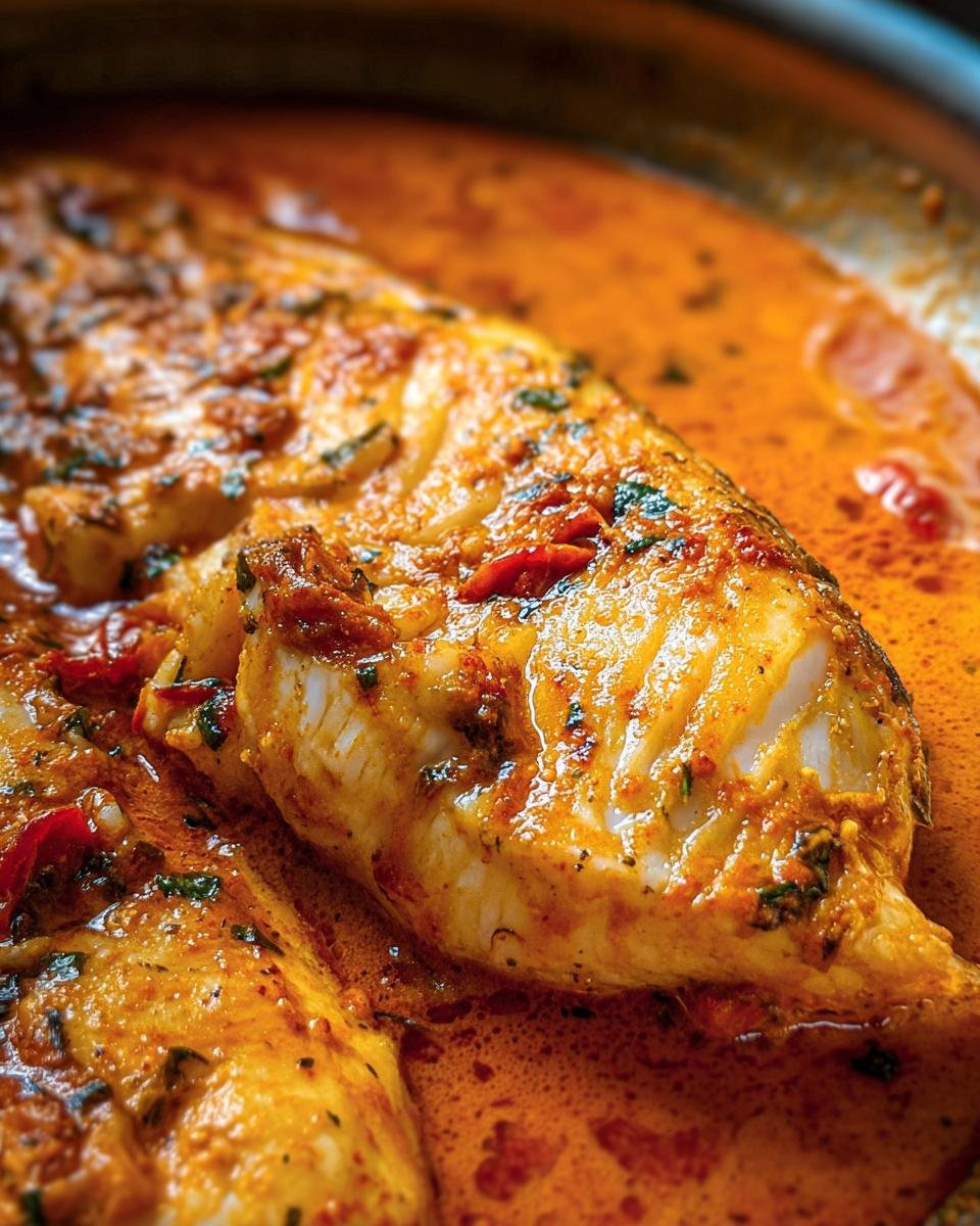 Close-up of Tilapia in Roasted Pepper Sauce, showcasing the flaky fish and rich, flavorful sauce.