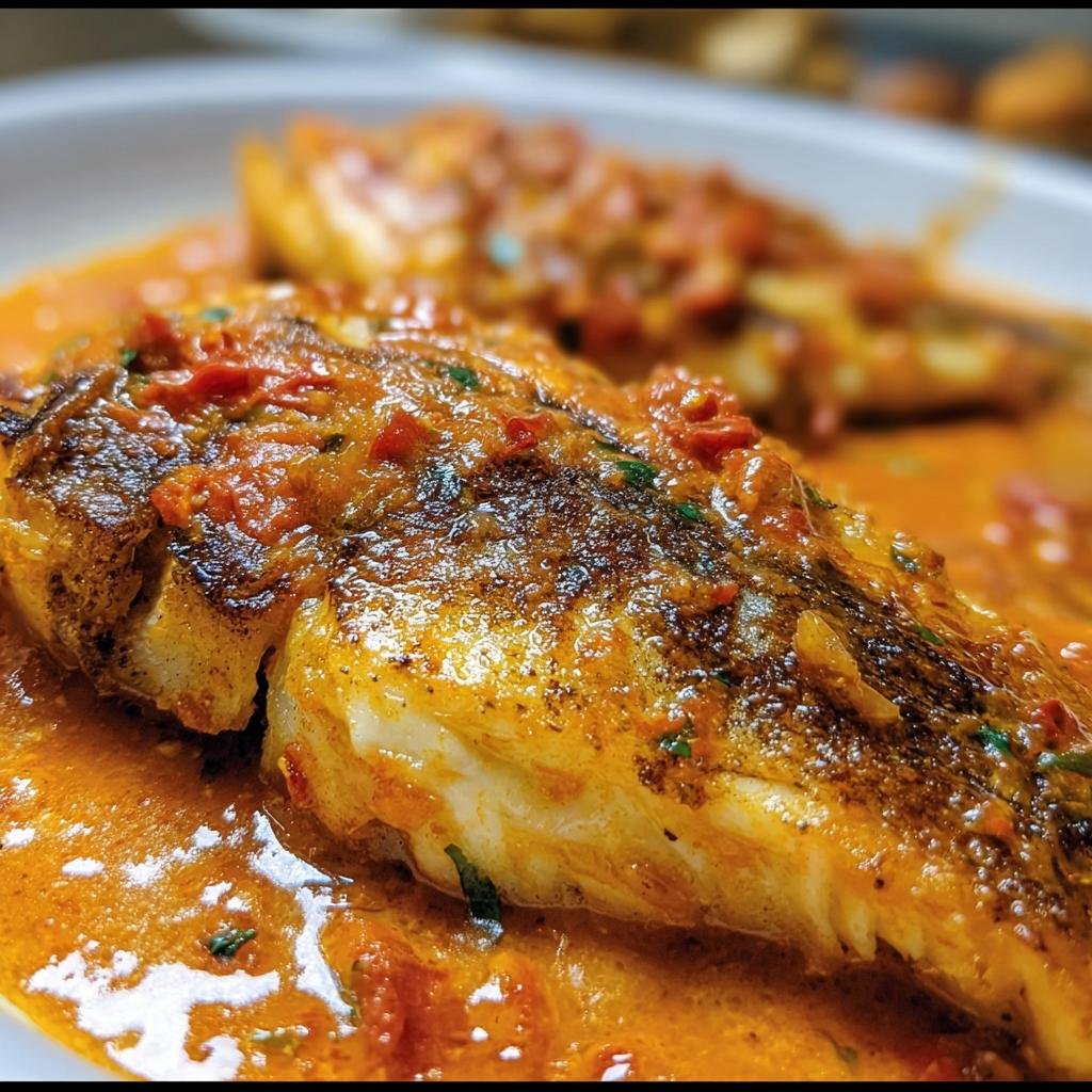 Close-up of pan-seared Tilapia in Roasted Pepper Sauce, garnished with herbs.