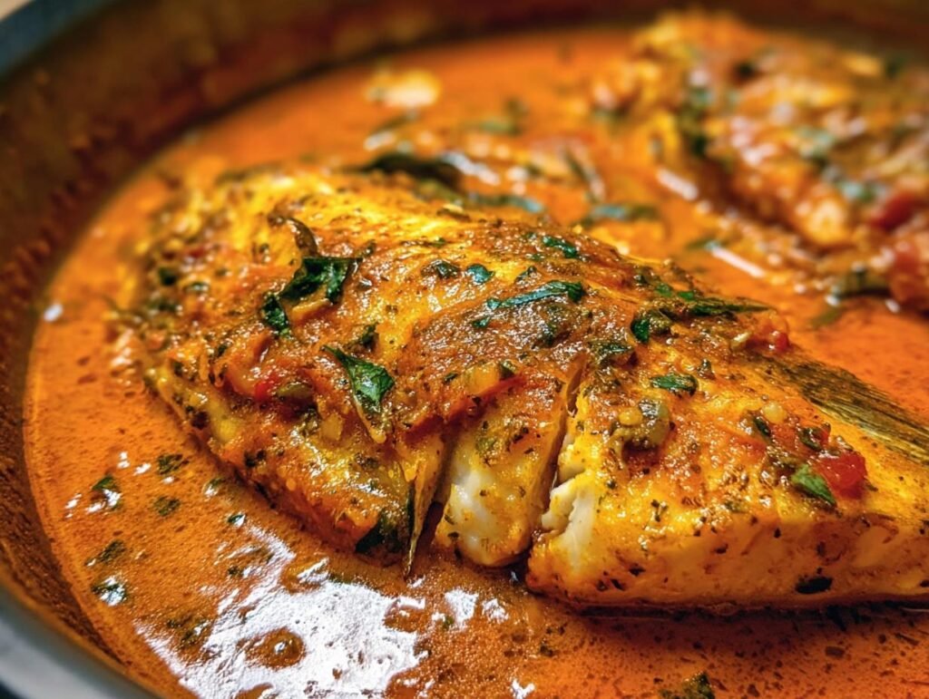 Close-up of Tilapia in Roasted Pepper Sauce, showing flaky fish and rich, vibrant sauce.