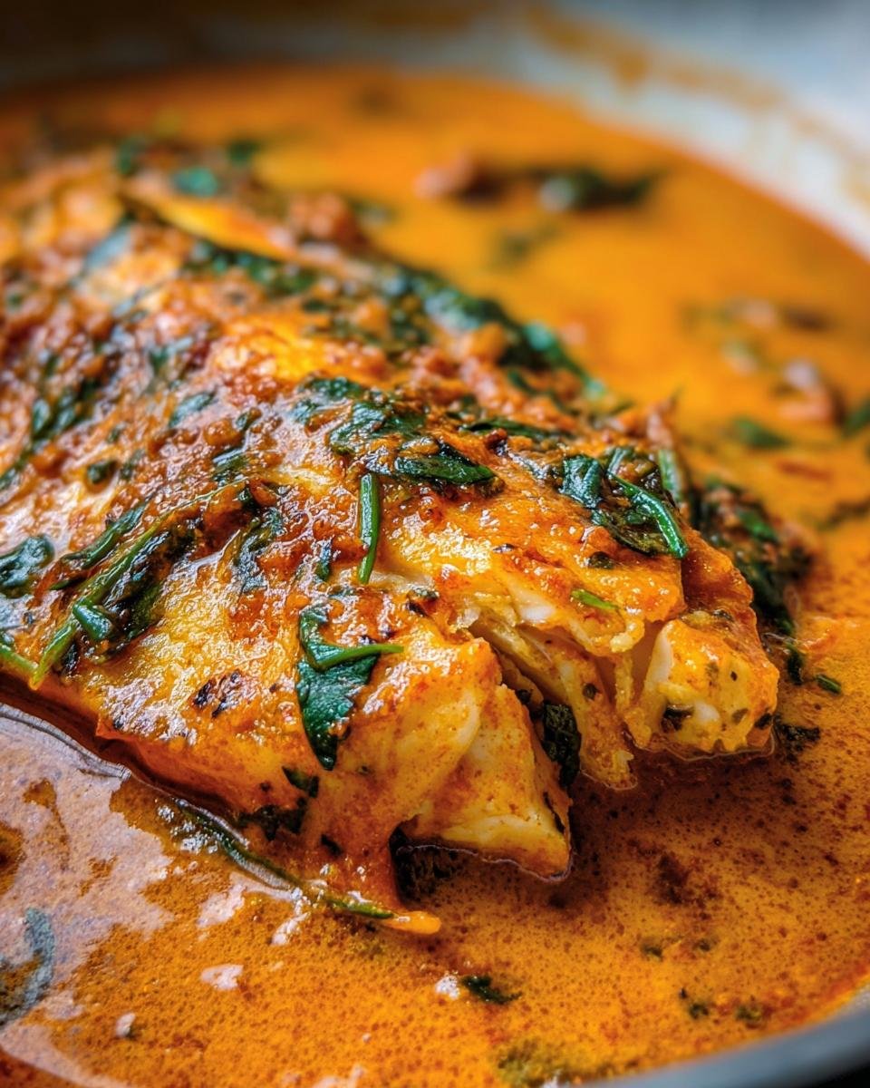Close-up of Tilapia in Roasted Pepper Sauce, garnished with fresh herbs in a creamy sauce.