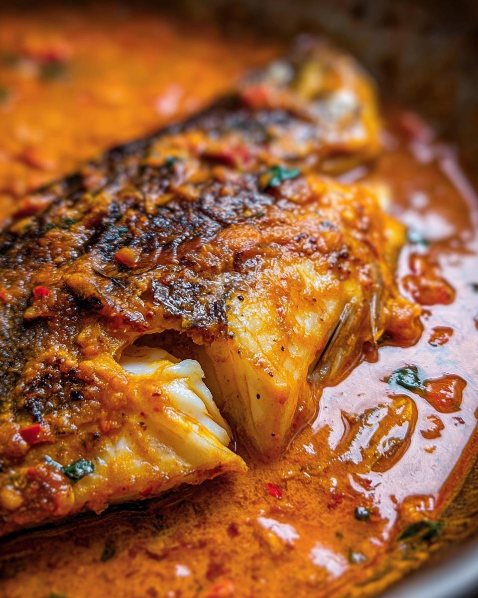 A close-up of Tilapia in Roasted Pepper Sauce, showcasing the flaky fish and rich, flavorful sauce.