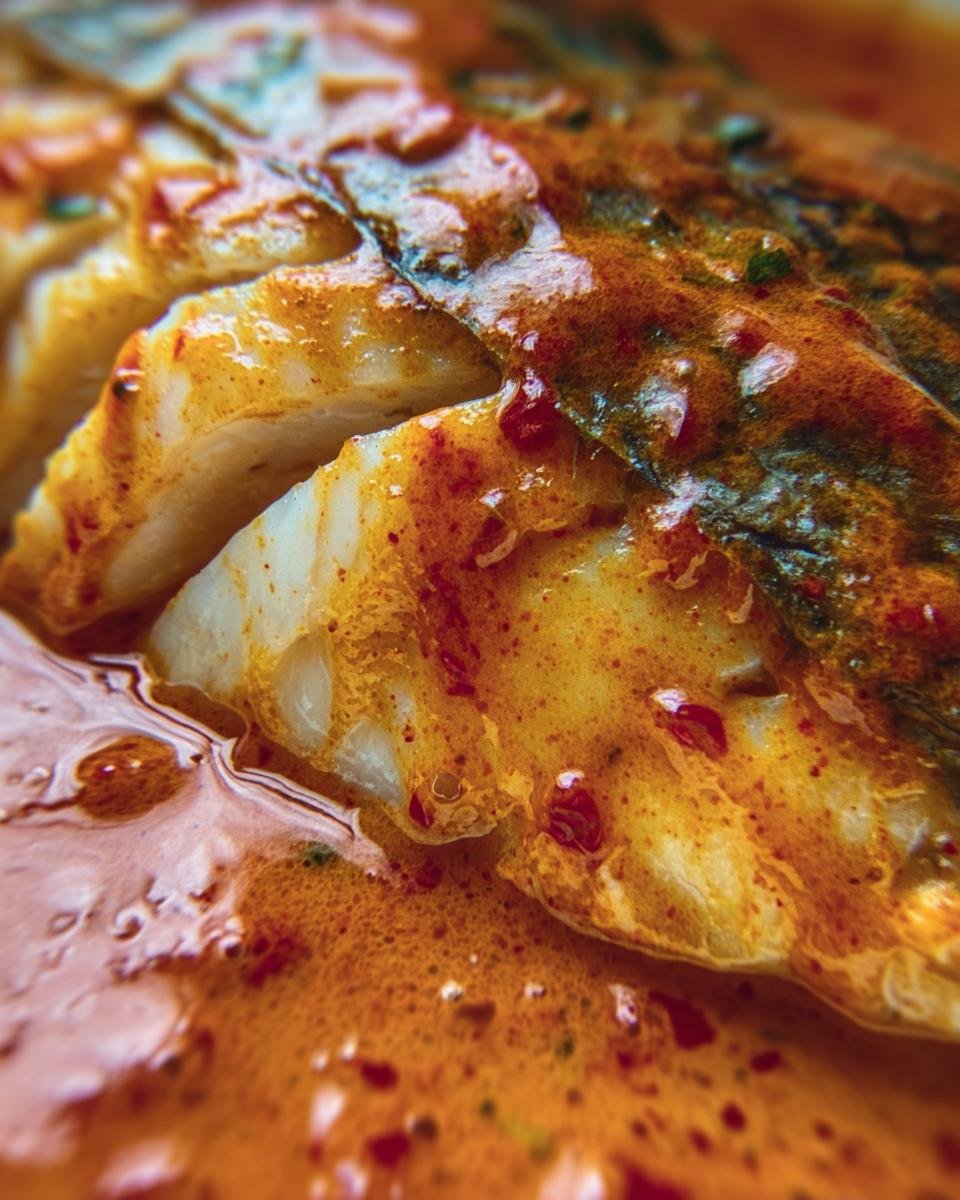 A close-up shot of flaky Tilapia in Roasted Pepper Sauce, showing the texture and rich color of the dish.