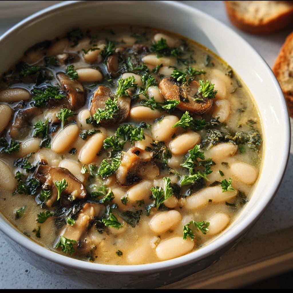 A delicious bowl of White Bean Mushroom Stew, garnished with fresh parsley and served with crusty bread.