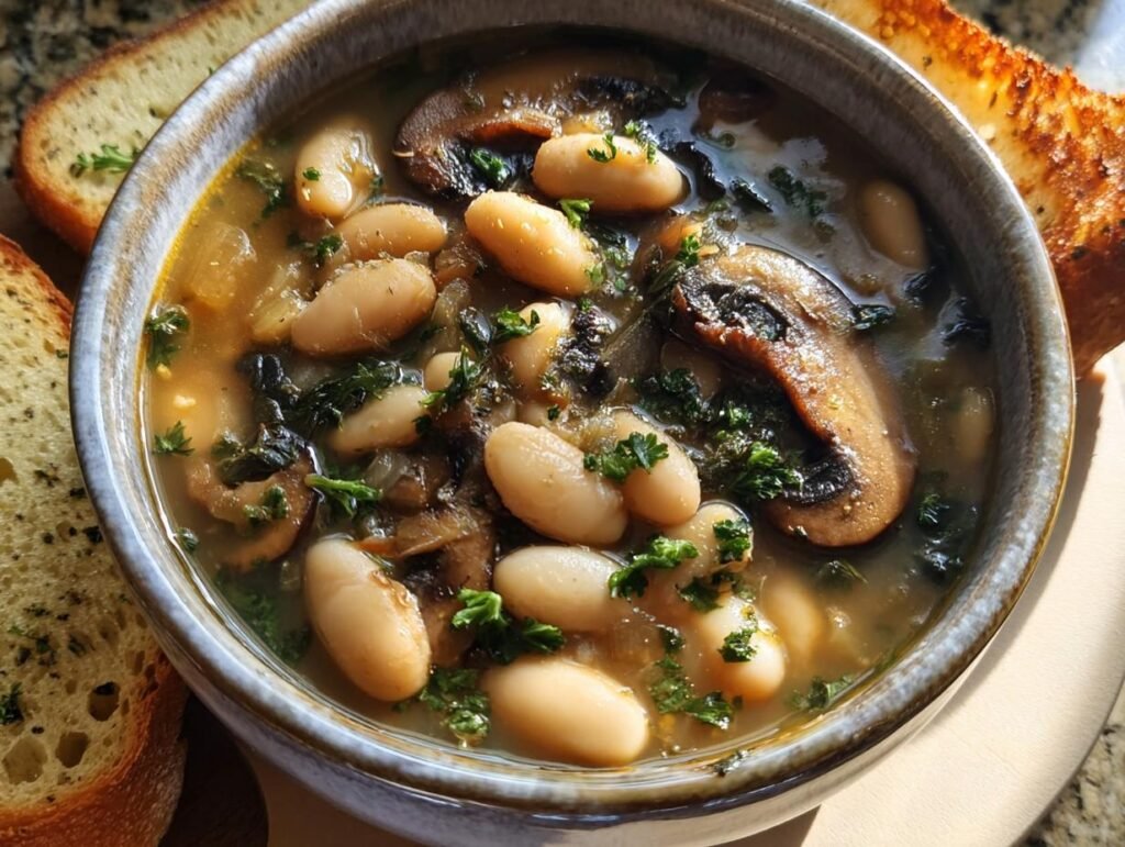 A bowl of White Bean Mushroom Stew, garnished with parsley, served with toasted bread.