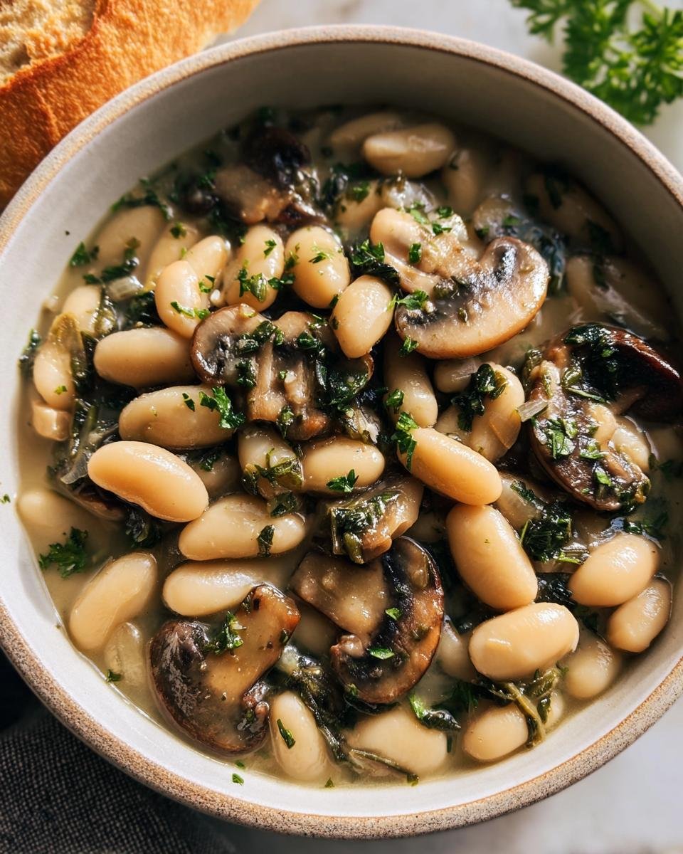 Close-up of a bowl of White Bean Mushroom Stew, garnished with fresh herbs and served with crusty bread.