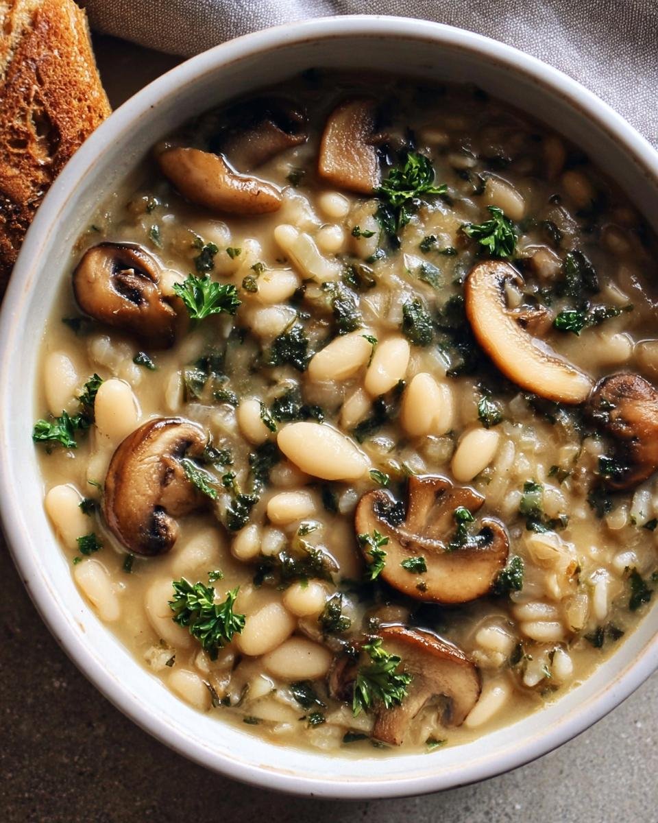 Overhead shot of a bowl of White Bean Mushroom Stew, garnished with parsley and served with crusty bread.