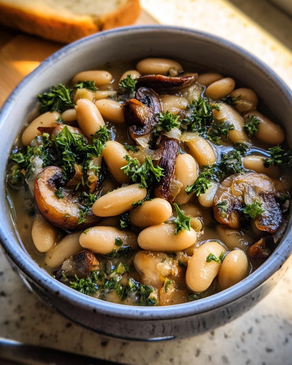 A bowl of hearty White Bean Mushroom Stew, garnished with fresh parsley and served with a slice of bread.