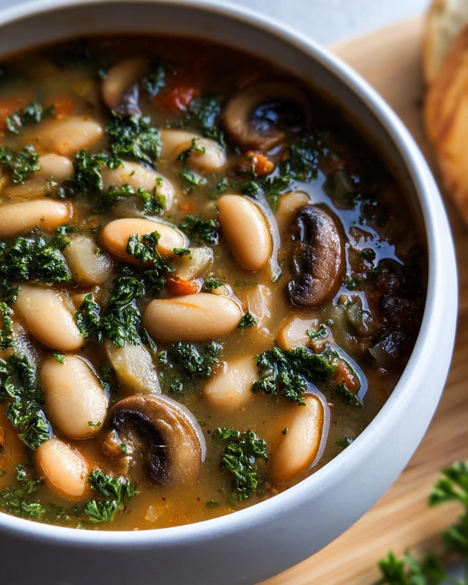 Close-up of a bowl of White Bean Mushroom Stew with kale and broth.