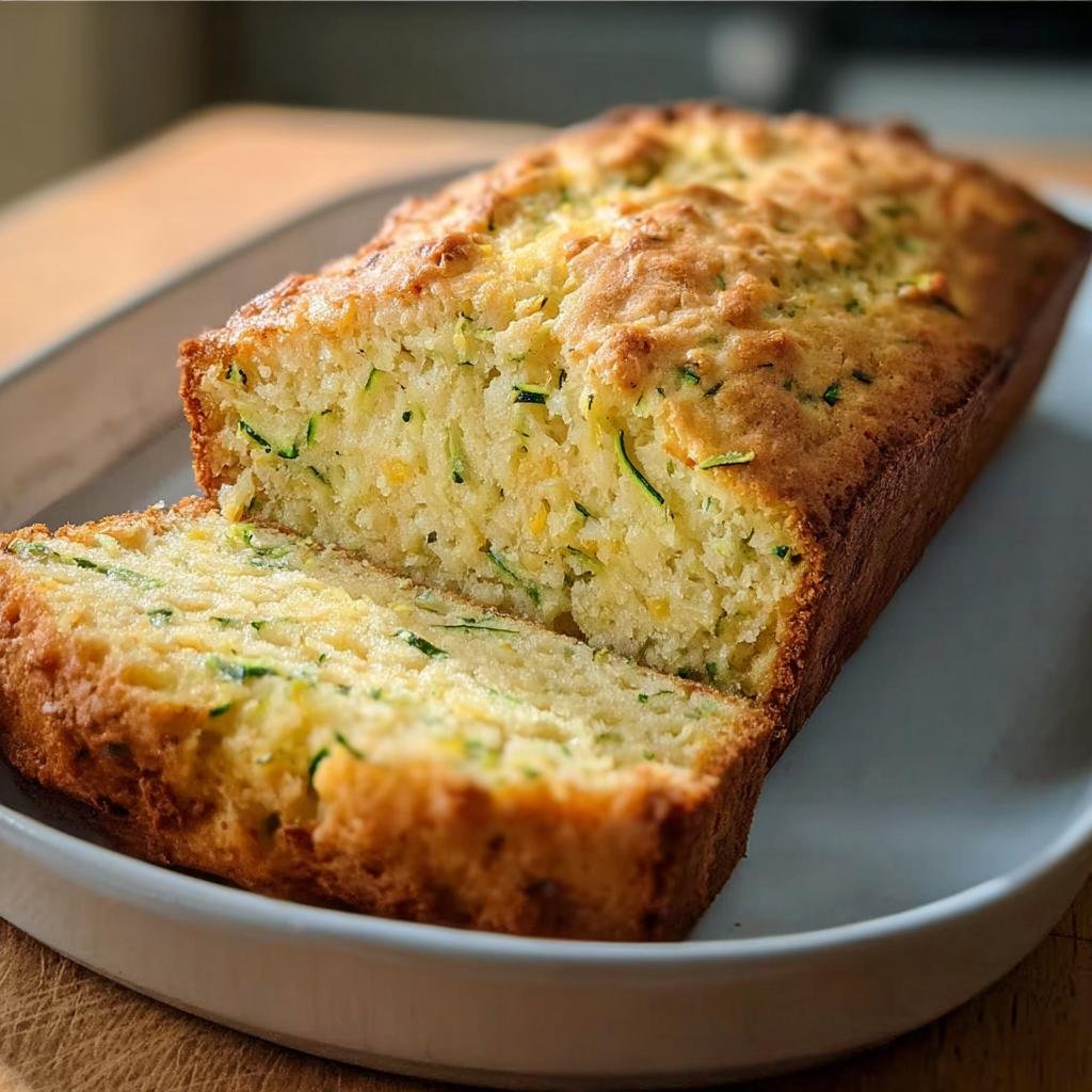 A loaf of Zucchini Cheddar Quick Bread with a slice cut, showcasing the zucchini and cheddar.