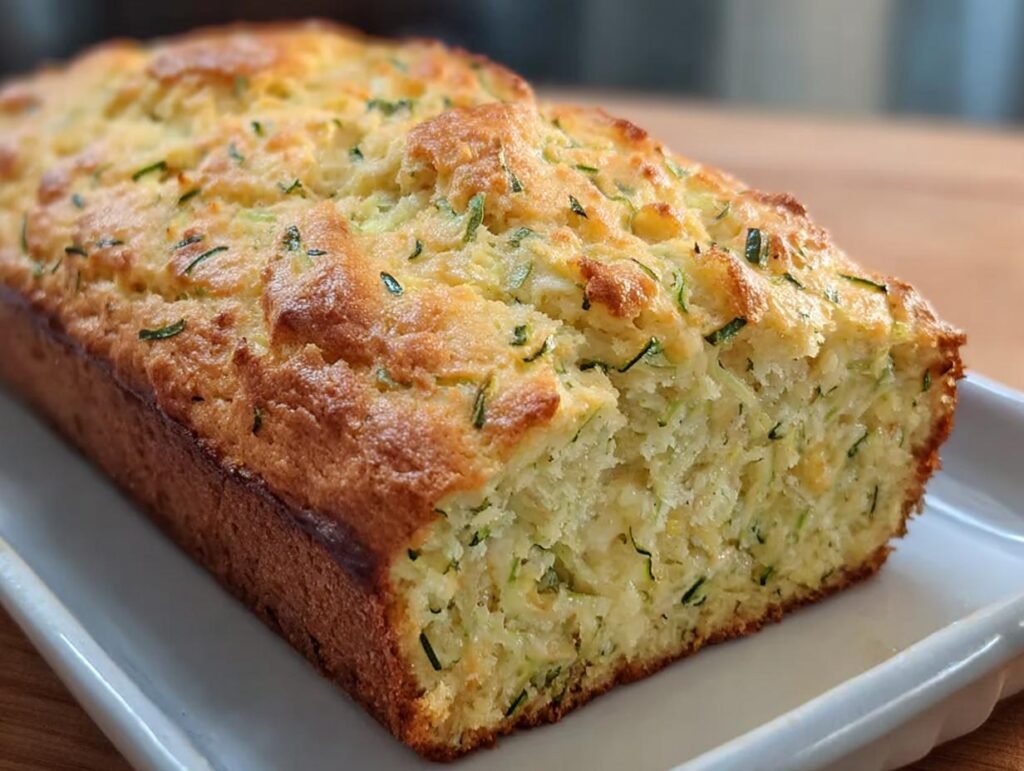 A loaf of freshly baked Zucchini Cheddar Quick Bread on a white plate, showcasing its golden crust and zucchini flecks.