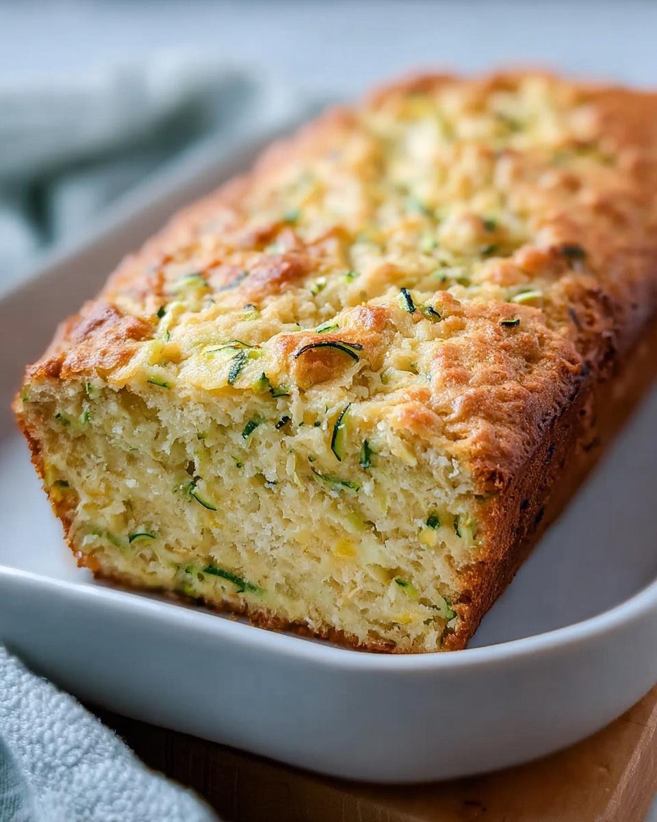 A loaf of Zucchini Cheddar Quick Bread, showcasing the texture and ingredients. Golden crust and visible zucchini pieces.