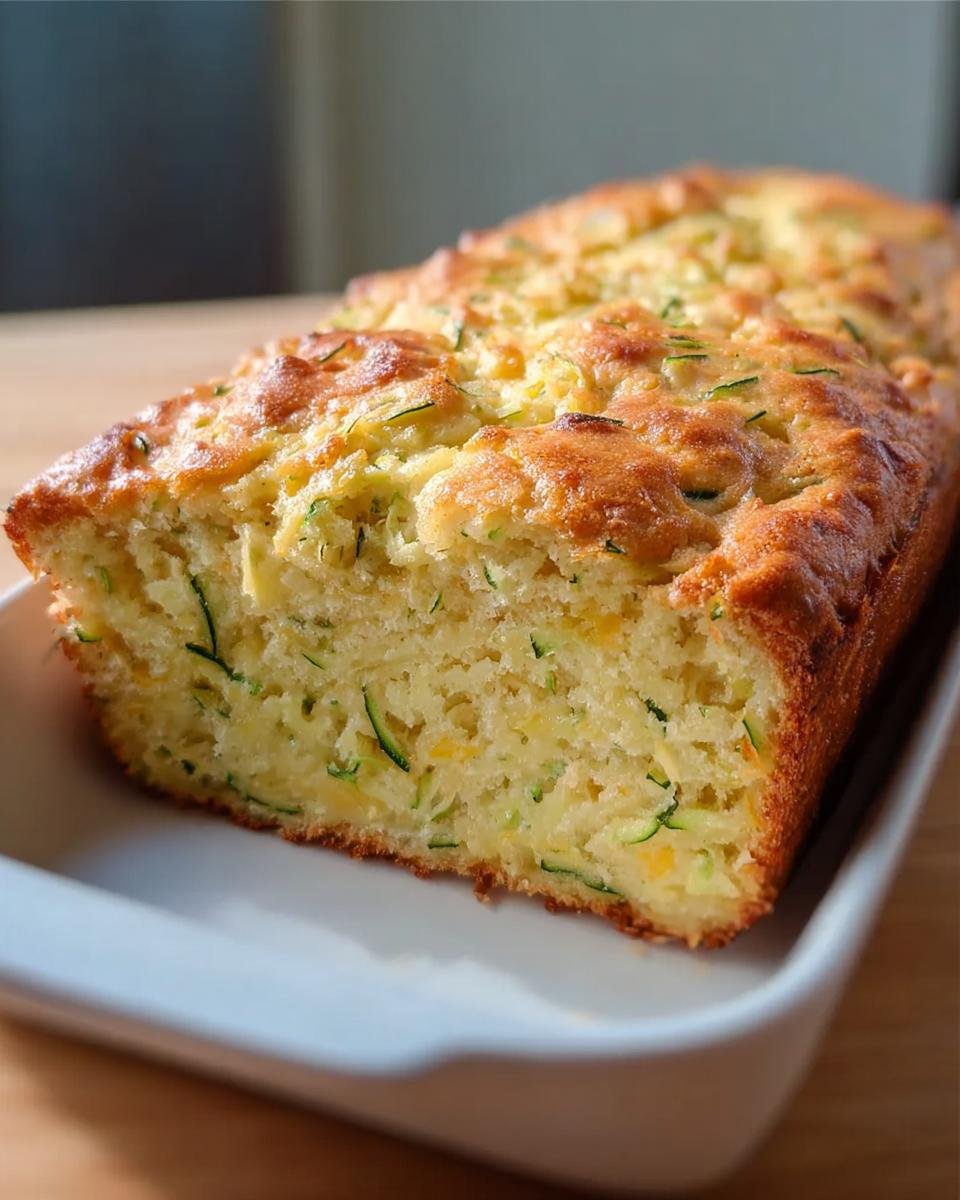 Close-up of a loaf of Zucchini Cheddar Quick Bread in a white baking dish, showing the texture and ingredients.