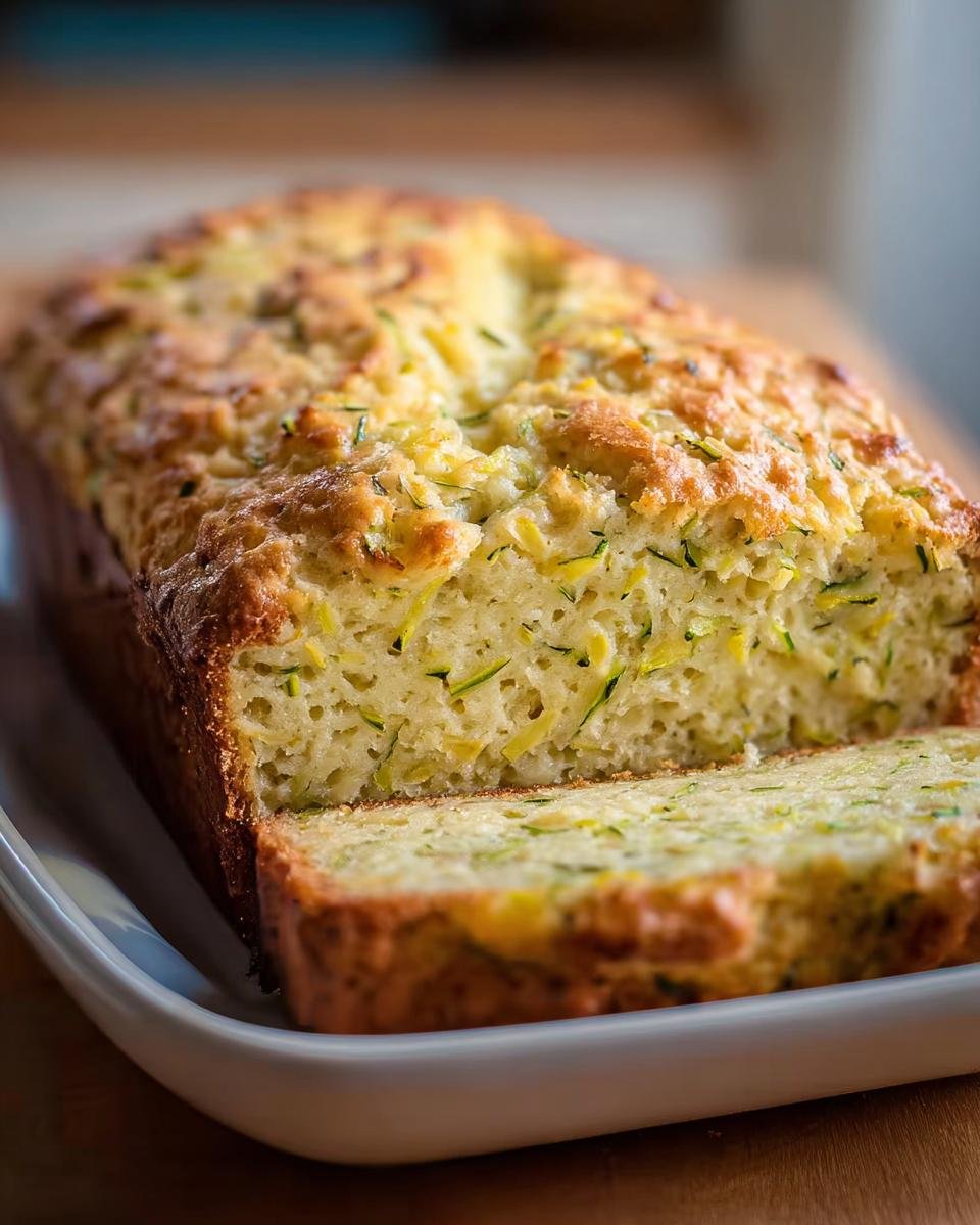 A loaf of Zucchini Cheddar Quick Bread with a slice cut, showing the zucchini and cheddar texture.