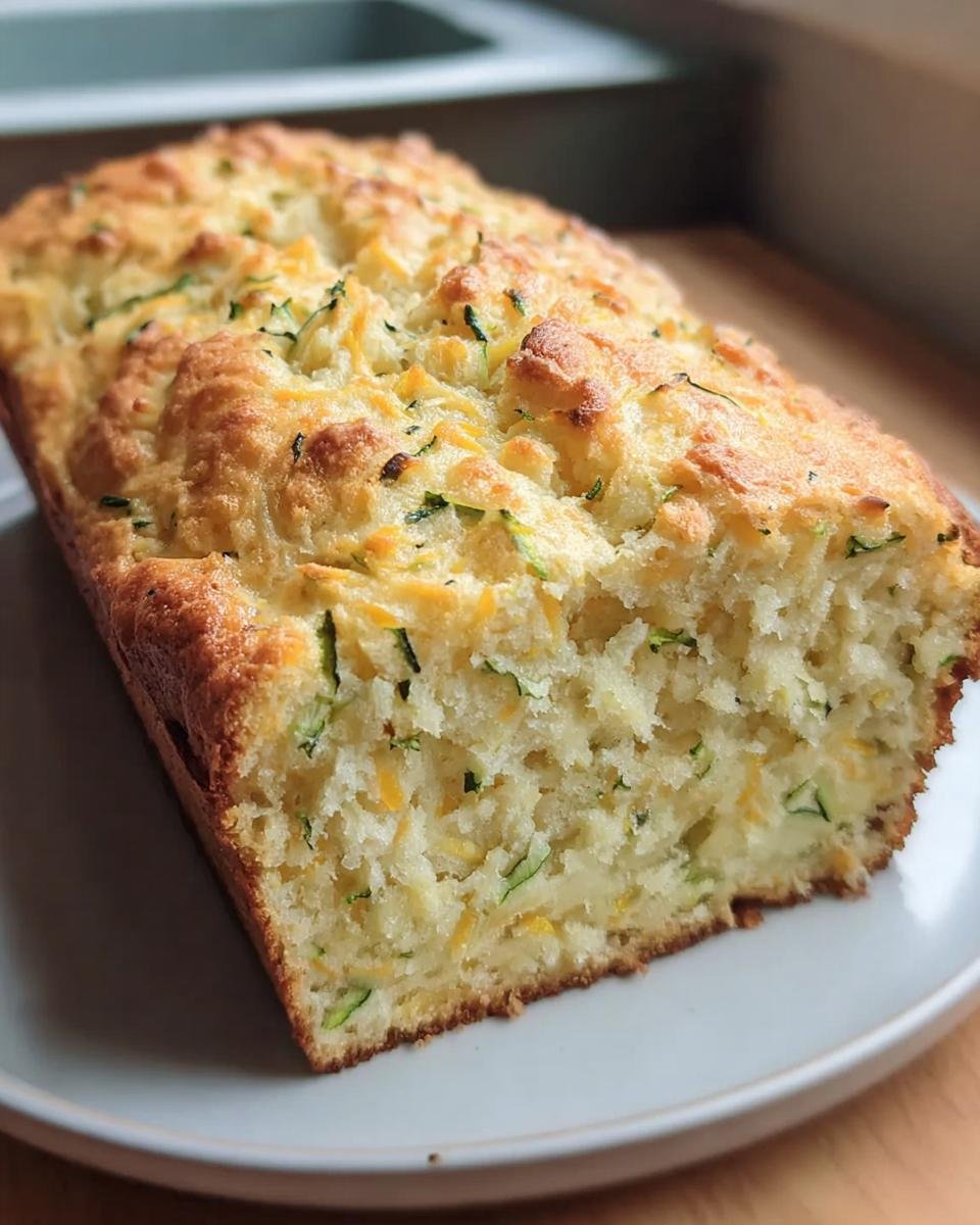 A loaf of Zucchini Cheddar Quick Bread on a plate, showing the zucchini and cheddar.