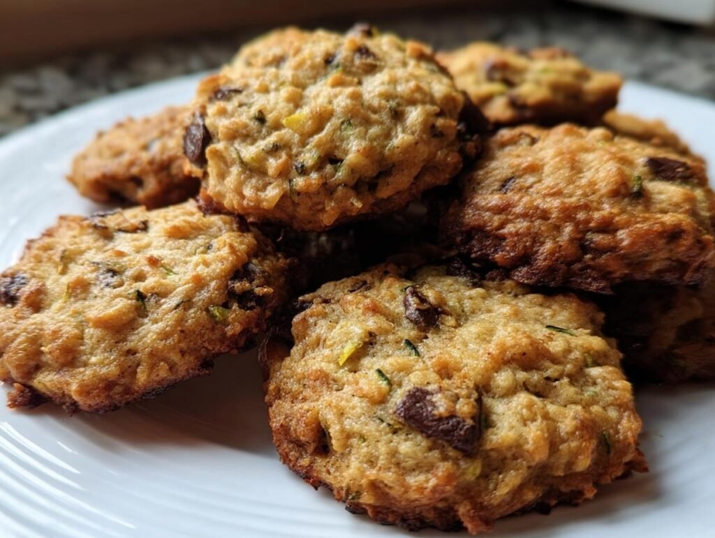A plate of freshly baked Zucchini Cookies with chocolate chips, ready to enjoy.