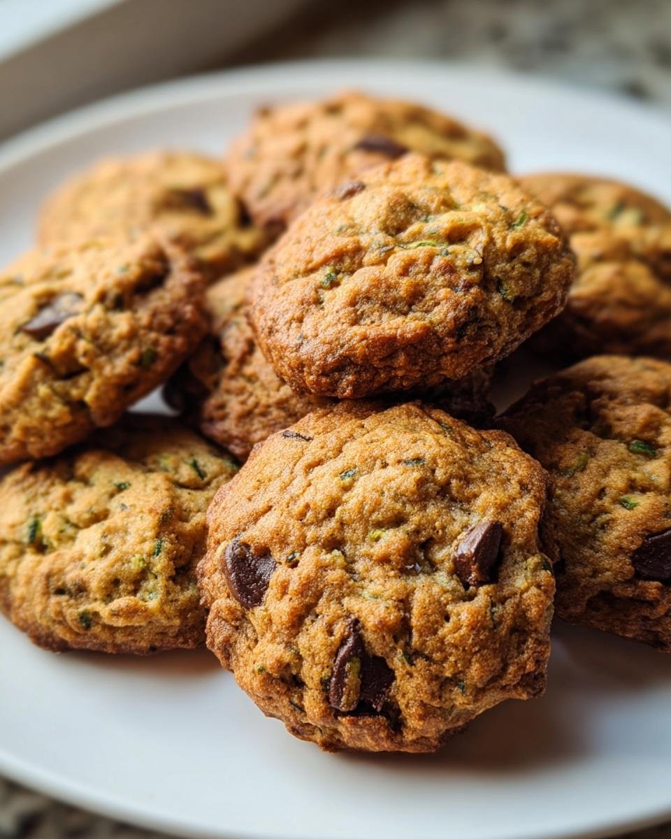 A plate of freshly baked Zucchini Cookies with visible zucchini shreds and chocolate chips.
