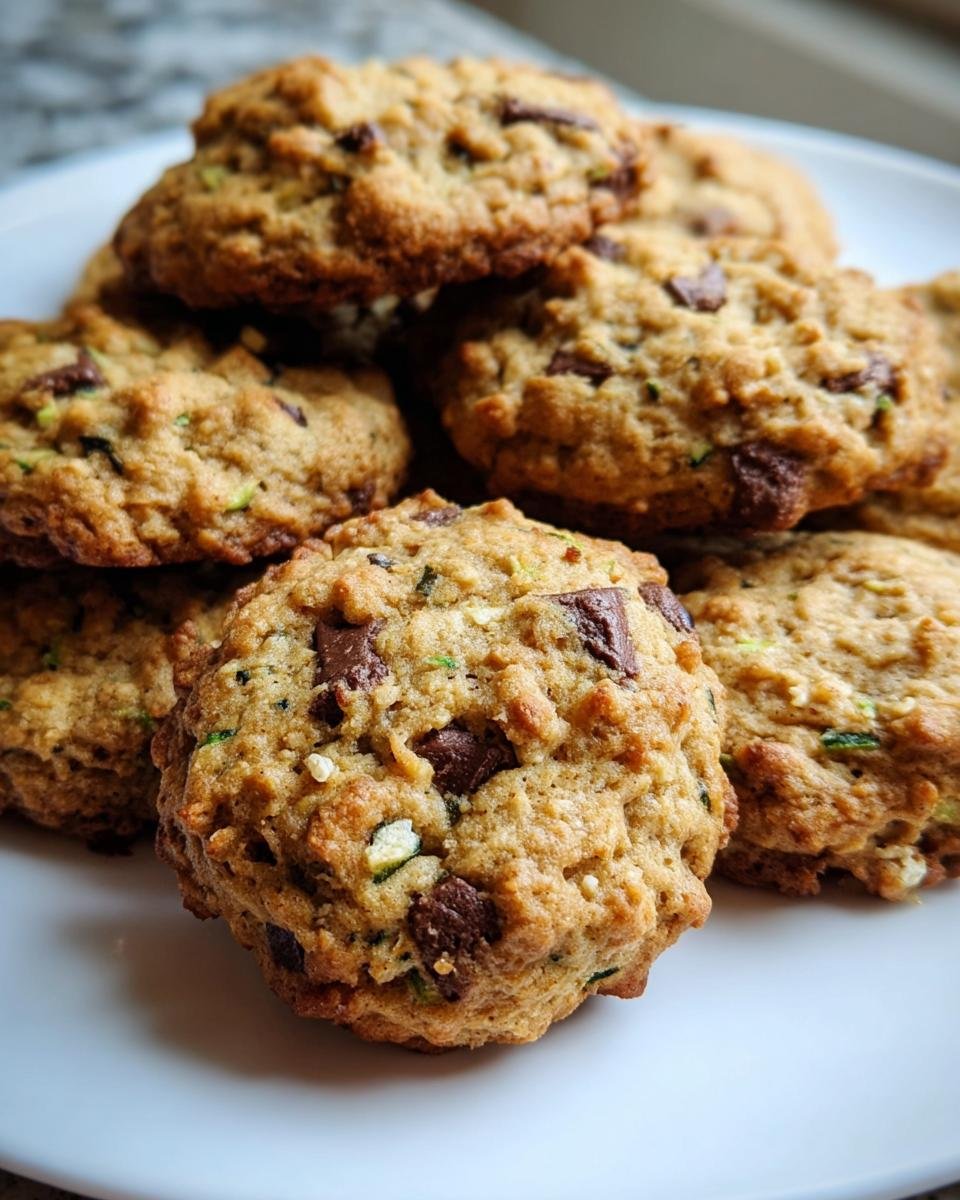 A stack of freshly baked Zucchini Cookies with chocolate chunks on a white plate, ready to be enjoyed.