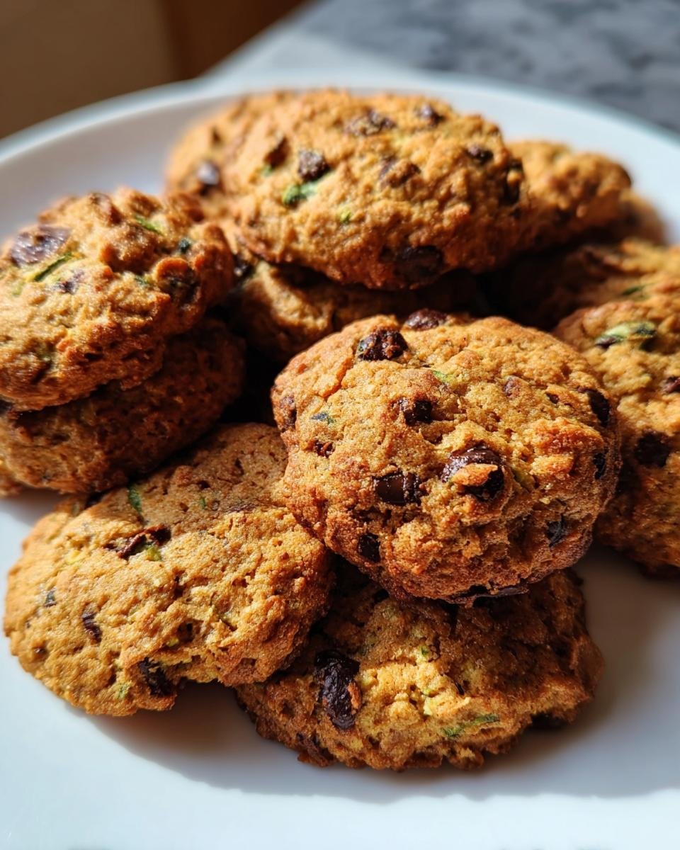 A tempting pile of freshly baked Zucchini Cookies with chocolate chips on a white plate.