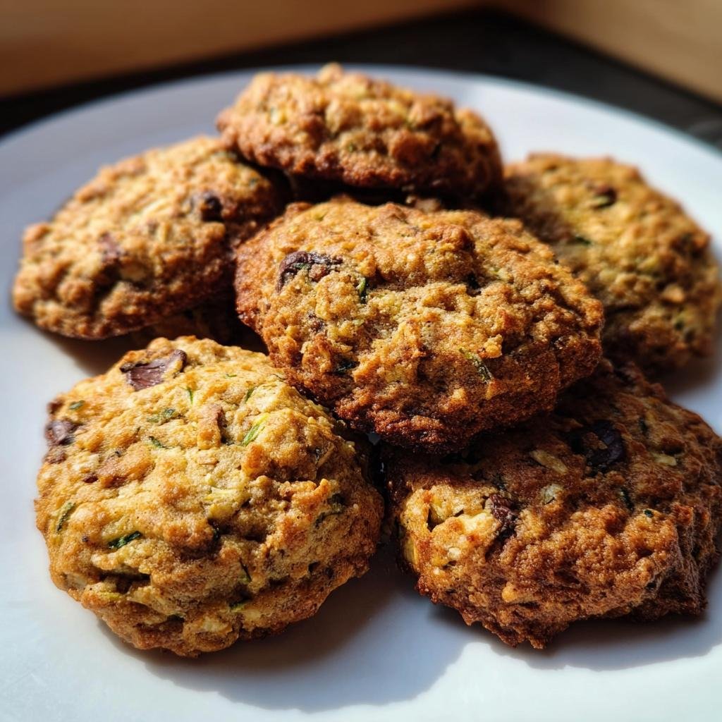 A plate of freshly baked zucchini cookies. Golden brown and slightly textured, these zucchini cookies look delicious.