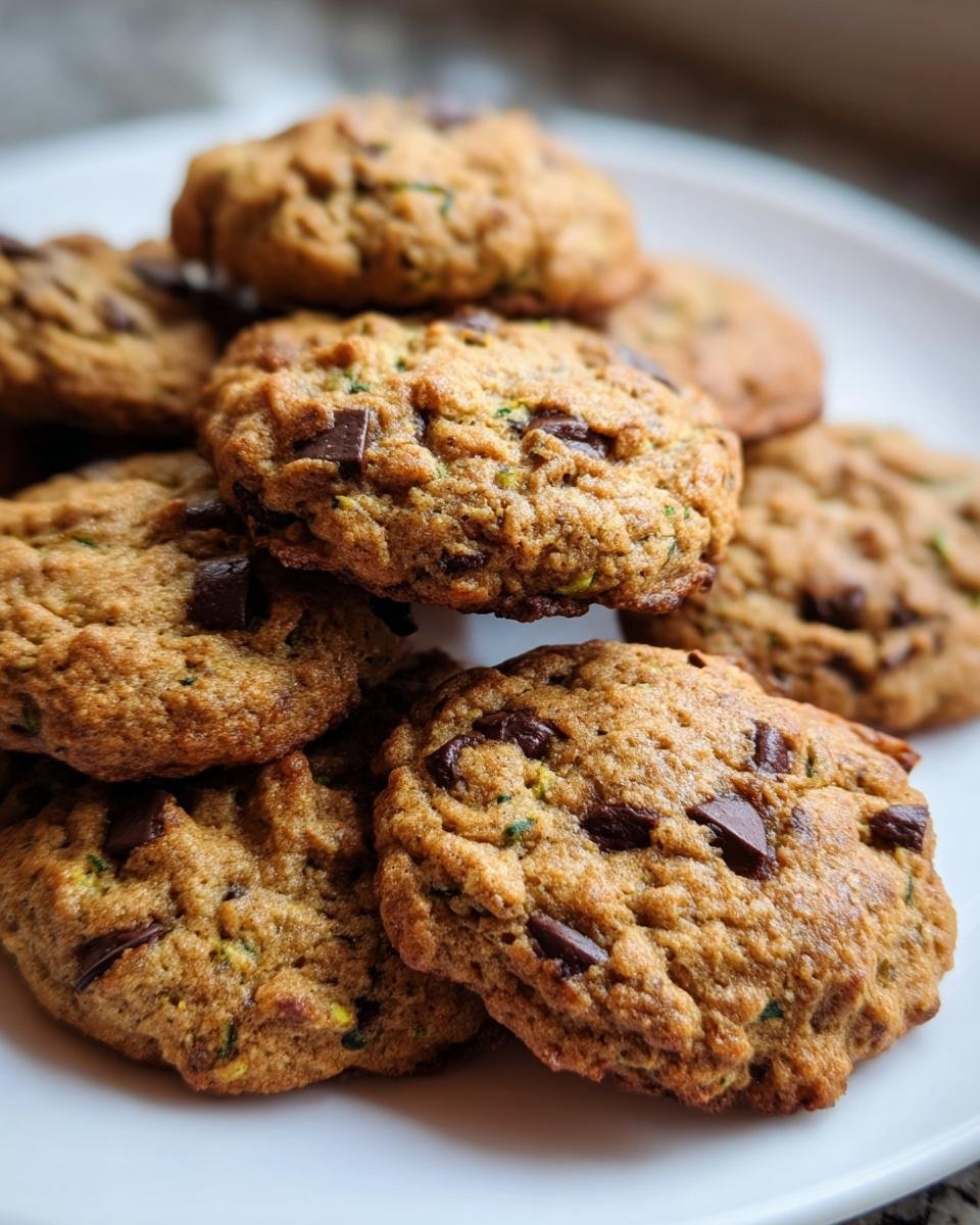A stack of freshly baked Zucchini Cookies with chocolate chunks on a white plate.