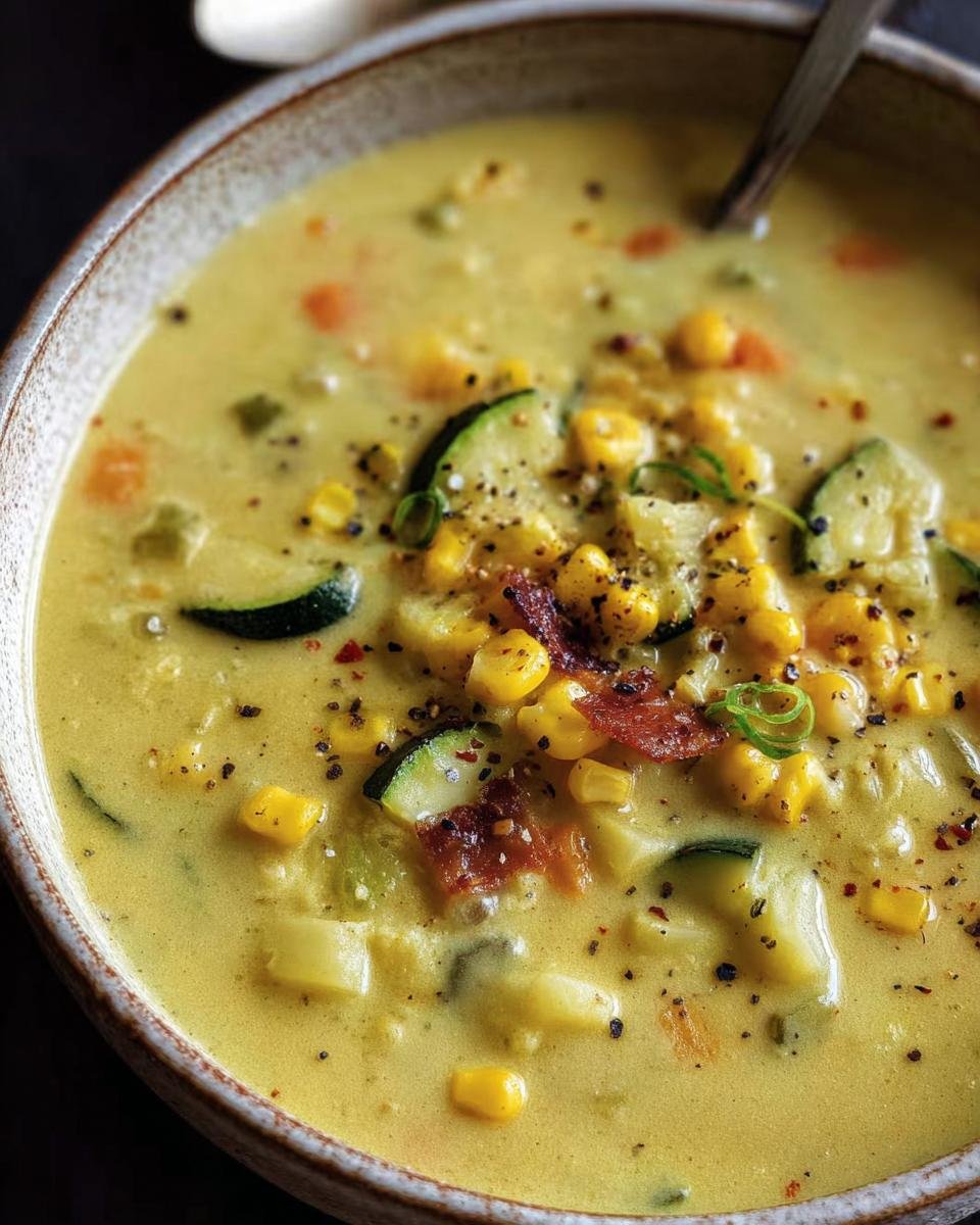 A close-up of a bowl of creamy Zucchini Corn Chowder, garnished with fresh zucchini, corn, and spices.