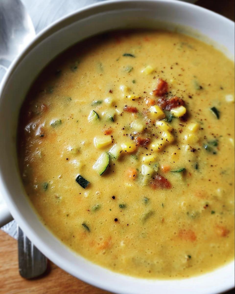 A bowl of creamy Zucchini Corn Chowder, garnished with fresh herbs and spices.