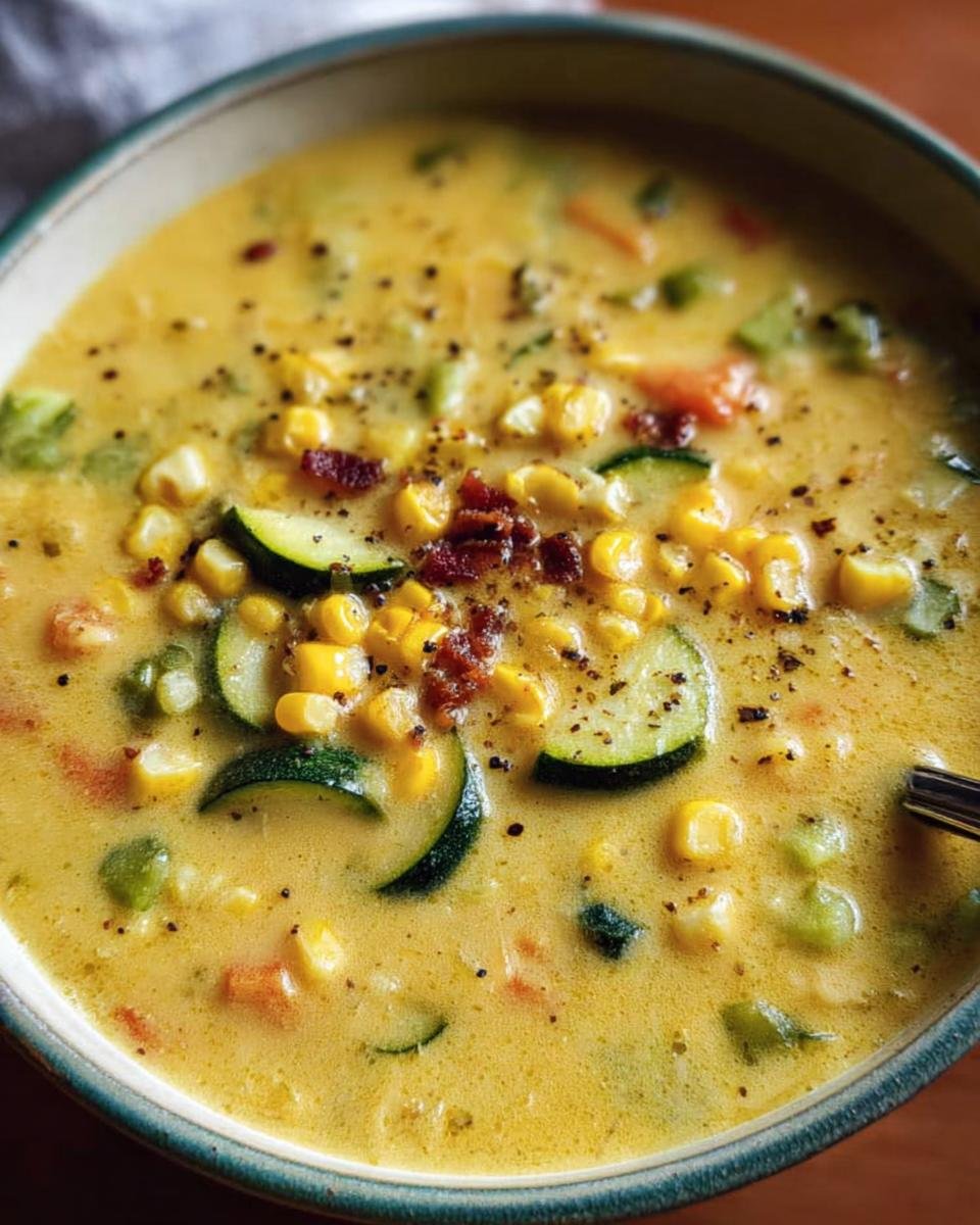 Close-up of a bowl of creamy zucchini corn chowder, garnished with fresh zucchini, corn, and crispy bacon bits.
