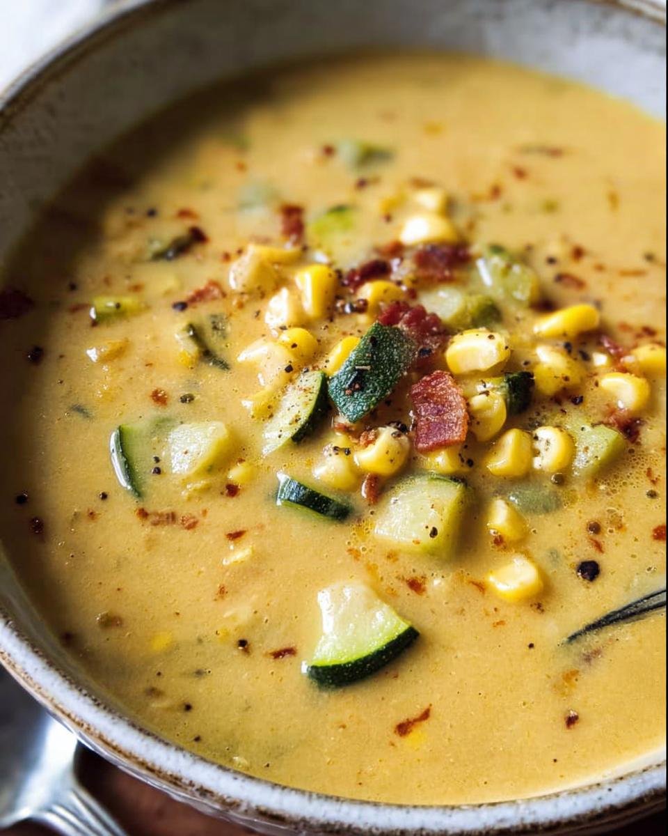 A bowl of creamy Zucchini Corn Chowder with zucchini, corn, and bacon toppings.