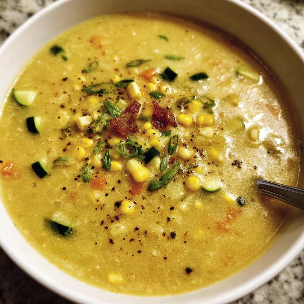 A bowl of creamy Zucchini Corn Chowder, garnished with fresh herbs and bacon.
