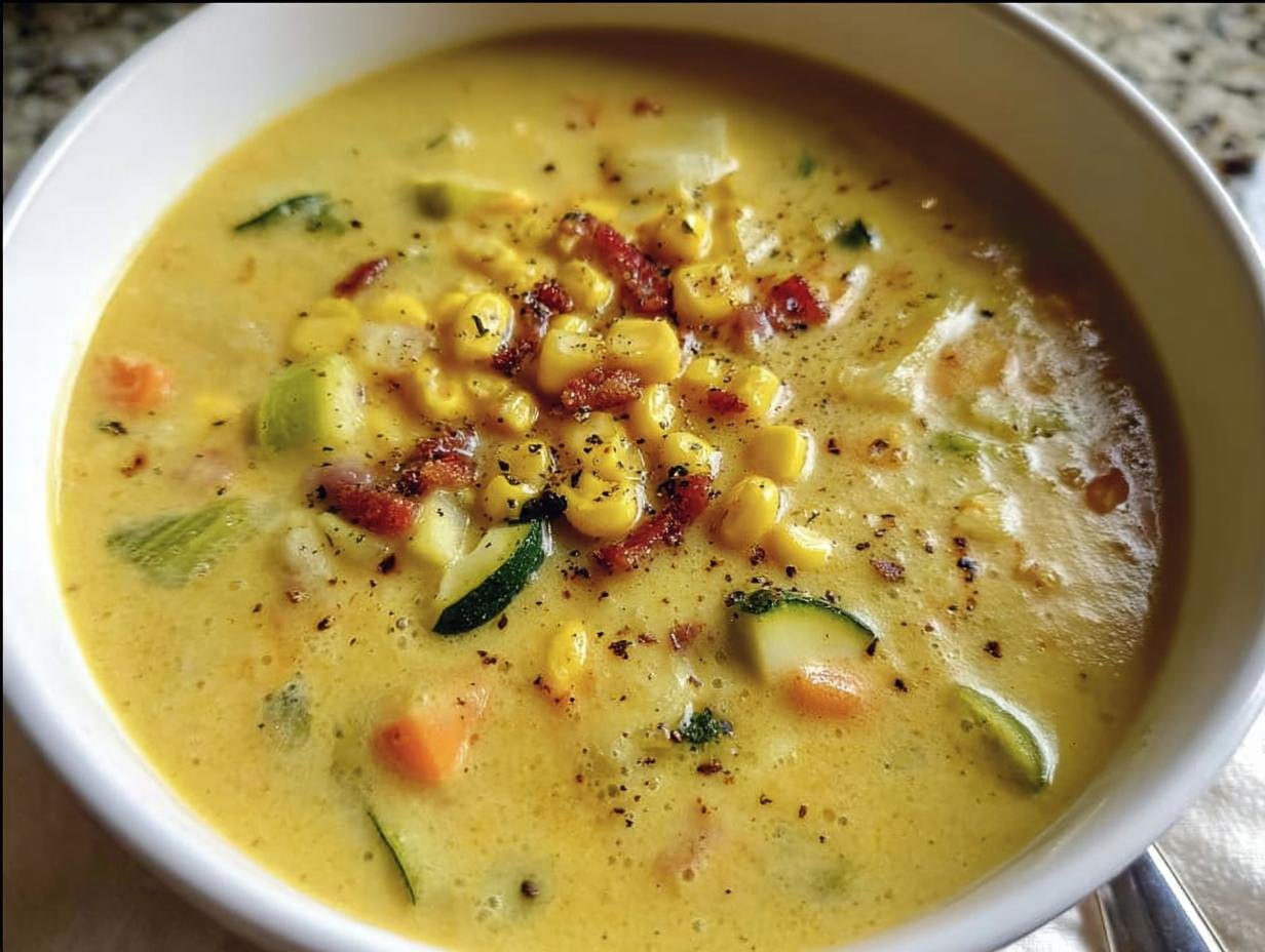 A bowl of creamy Zucchini Corn Chowder topped with corn kernels and crispy bacon bits.
