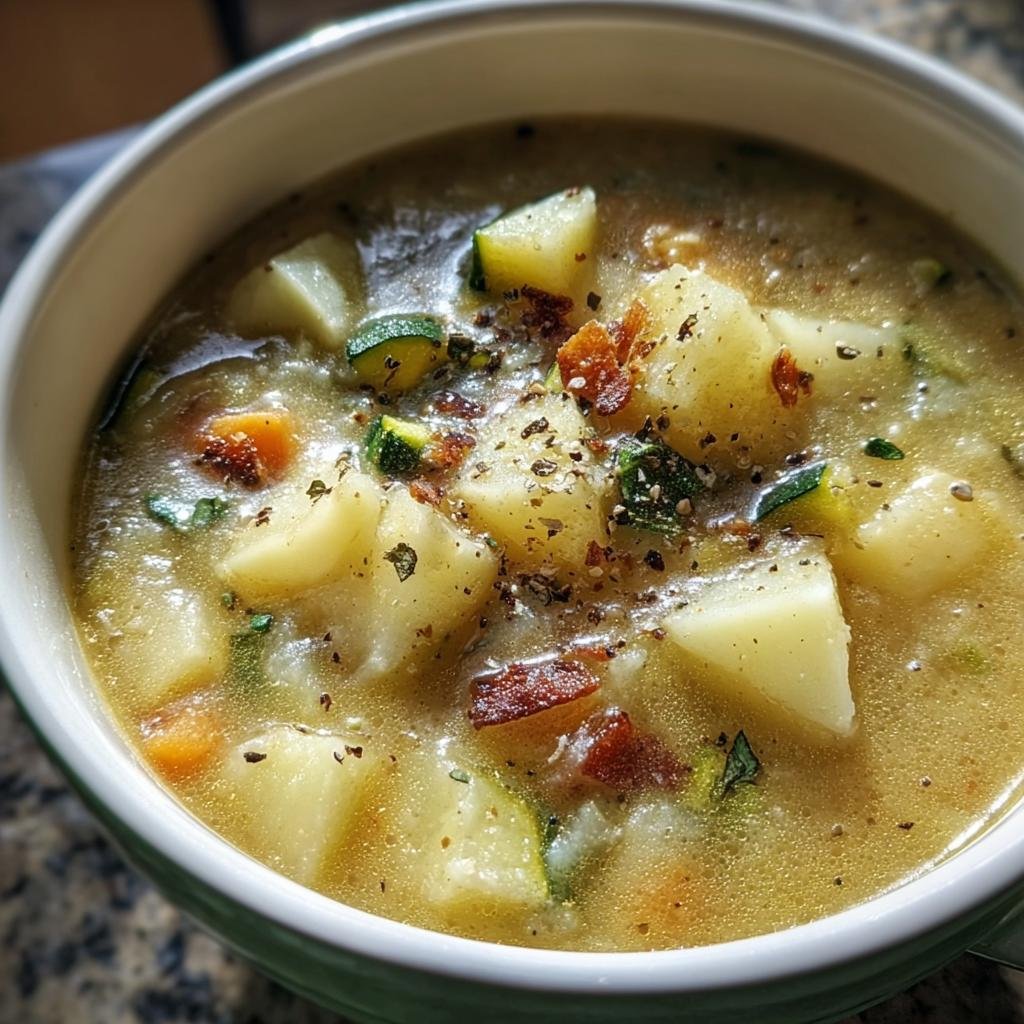A bowl of creamy Zucchini Potato Soup, garnished with zucchini, potatoes, bacon bits, and herbs.