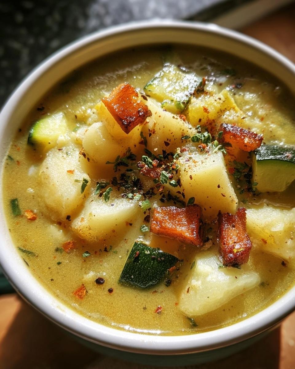 A comforting bowl of Zucchini Potato Soup, garnished with herbs and croutons.