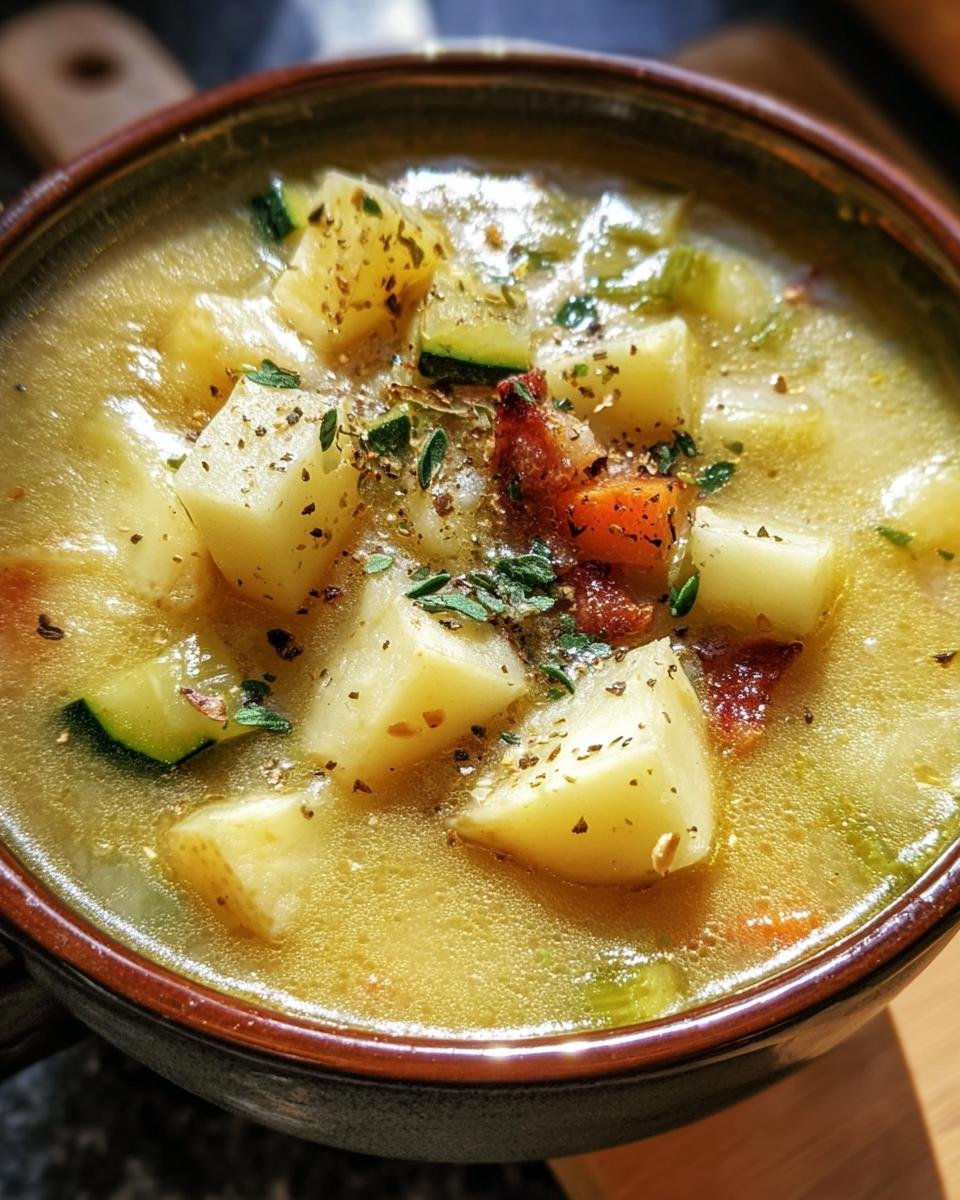 Close-up of a bowl of Zucchini Potato Soup, garnished with herbs and visible chunks of zucchini and potatoes.