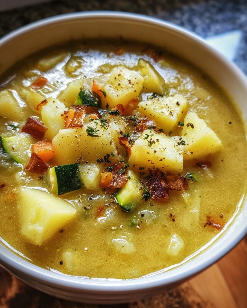 Close-up of a bowl of Zucchini Potato Soup, topped with potatoes, zucchini, herbs, and pepper.
