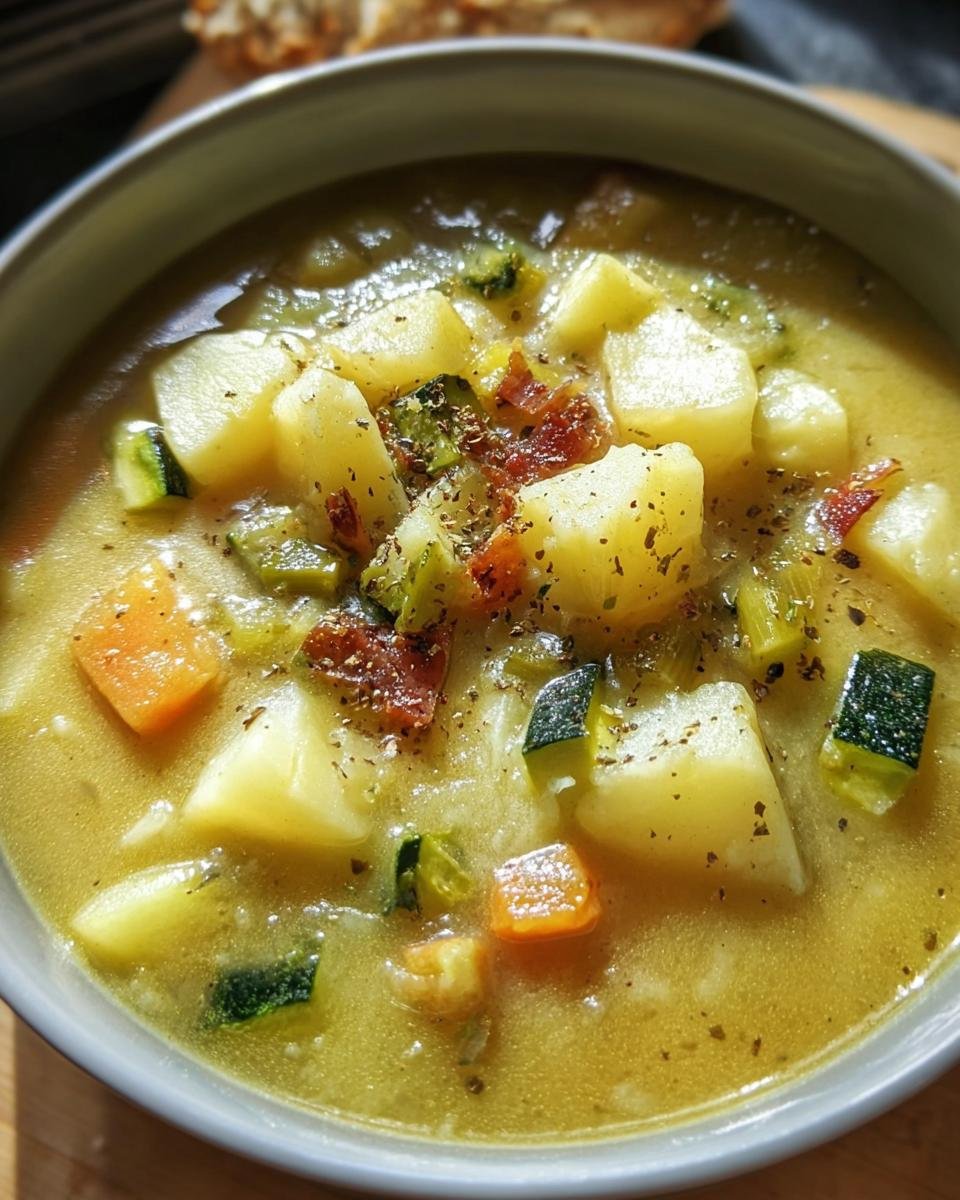 A bowl of homemade Zucchini Potato Soup with potatoes, zucchini, carrots, and herbs.
