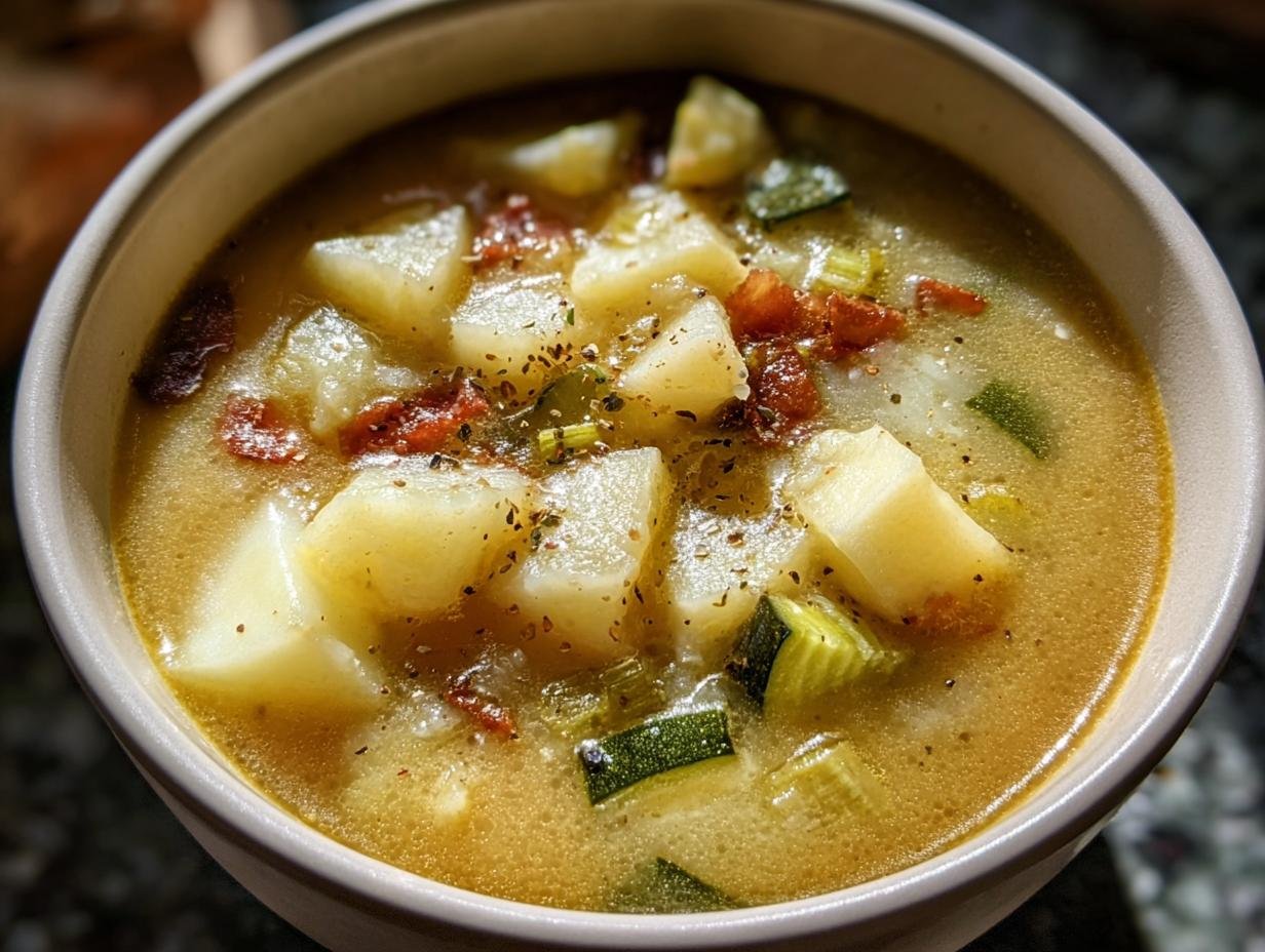 A bowl of Zucchini Potato Soup with visible chunks of potatoes, zucchini, and seasonings.