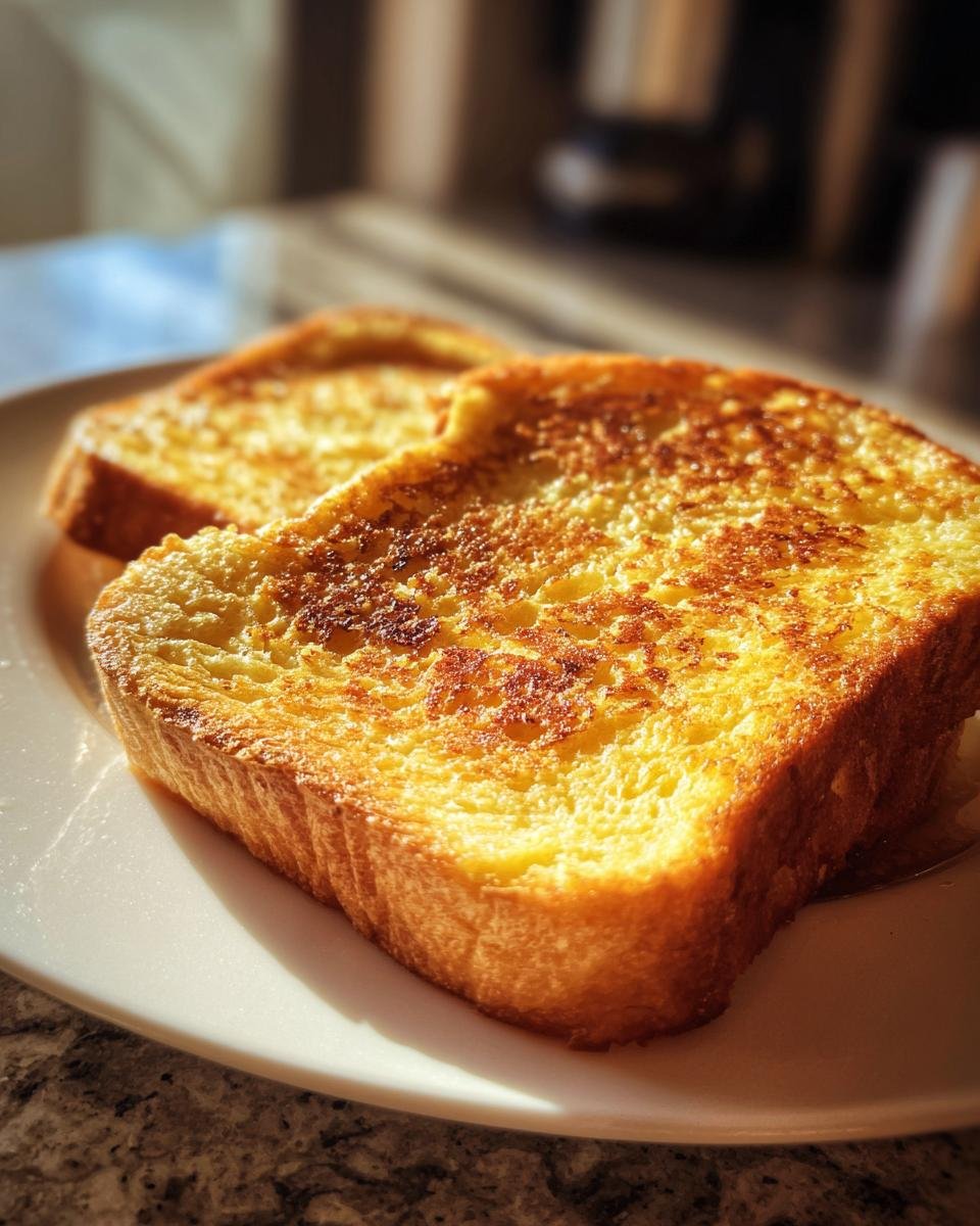 Two slices of golden brown 40 g Potein French toast served on a white plate, ready to eat.